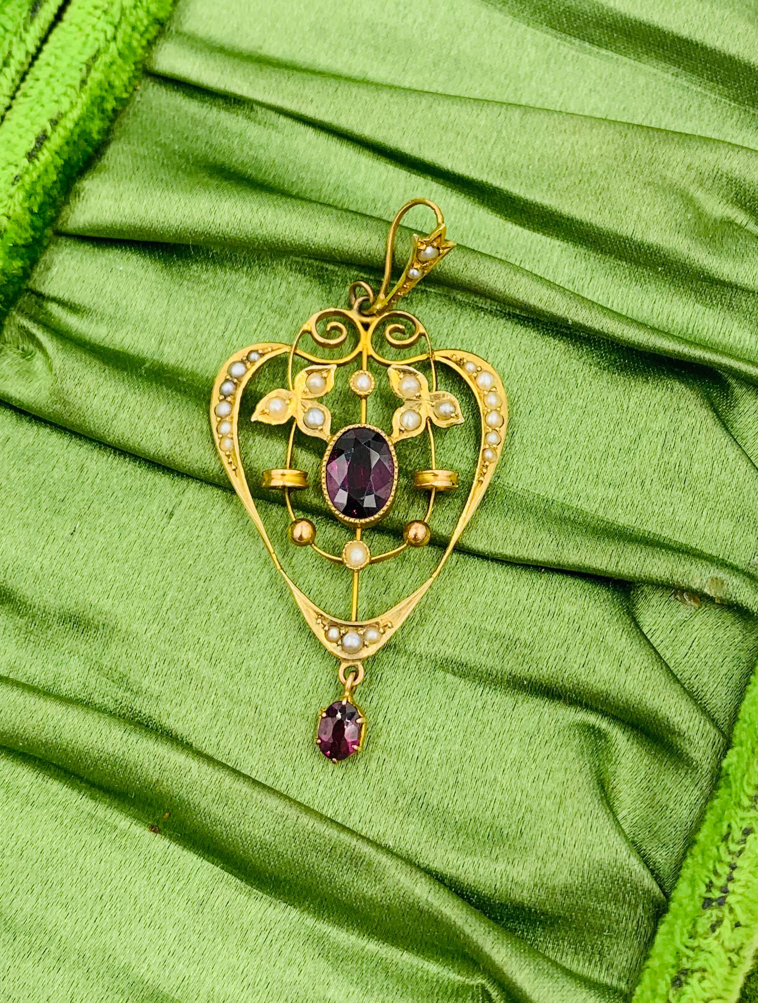 Women's Victorian Garnet Pearl Heart Pendant Lavaliere Necklace Antique Gold