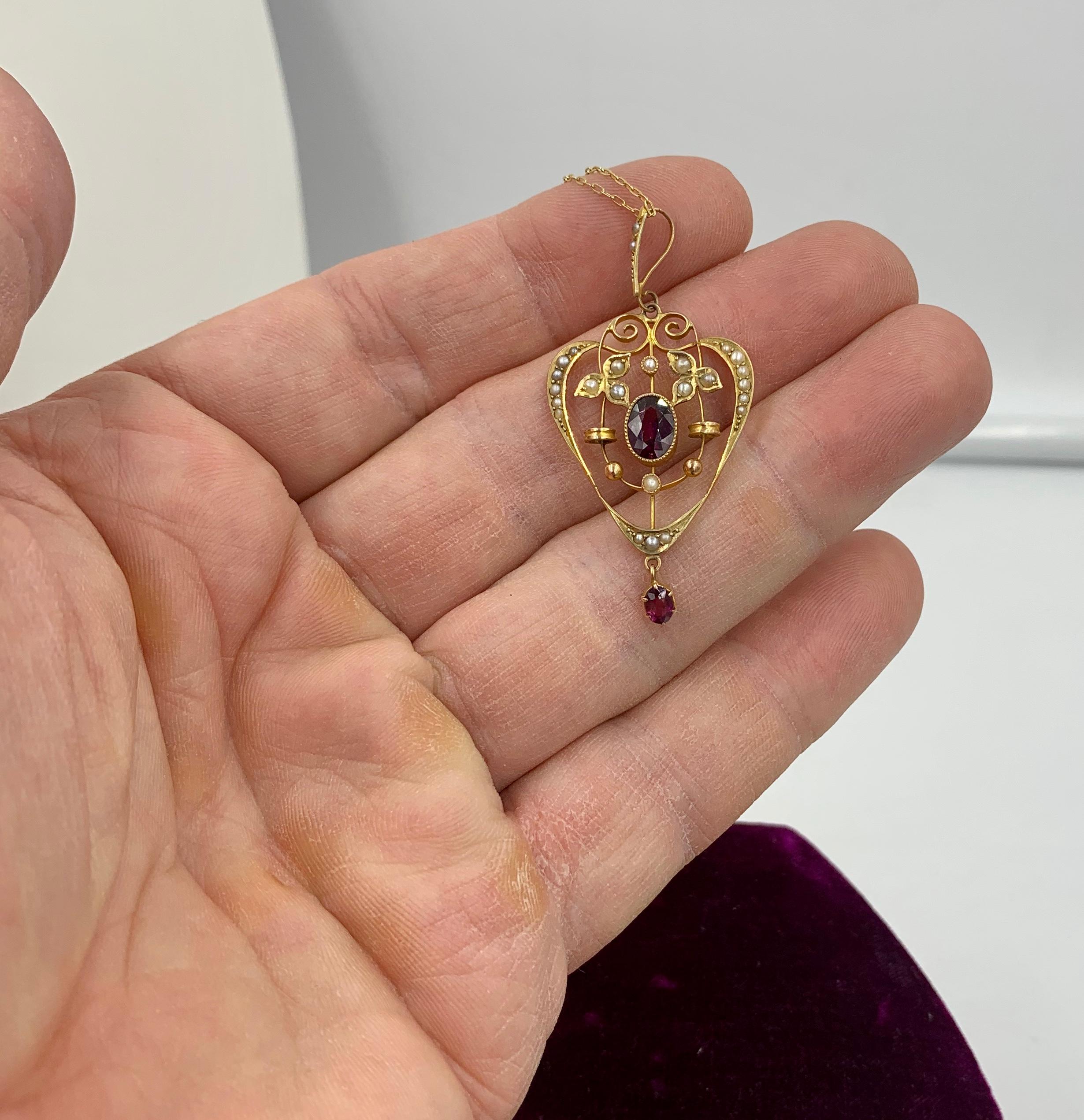 Victorian Garnet Pearl Heart Pendant Lavaliere Necklace Antique Gold 1