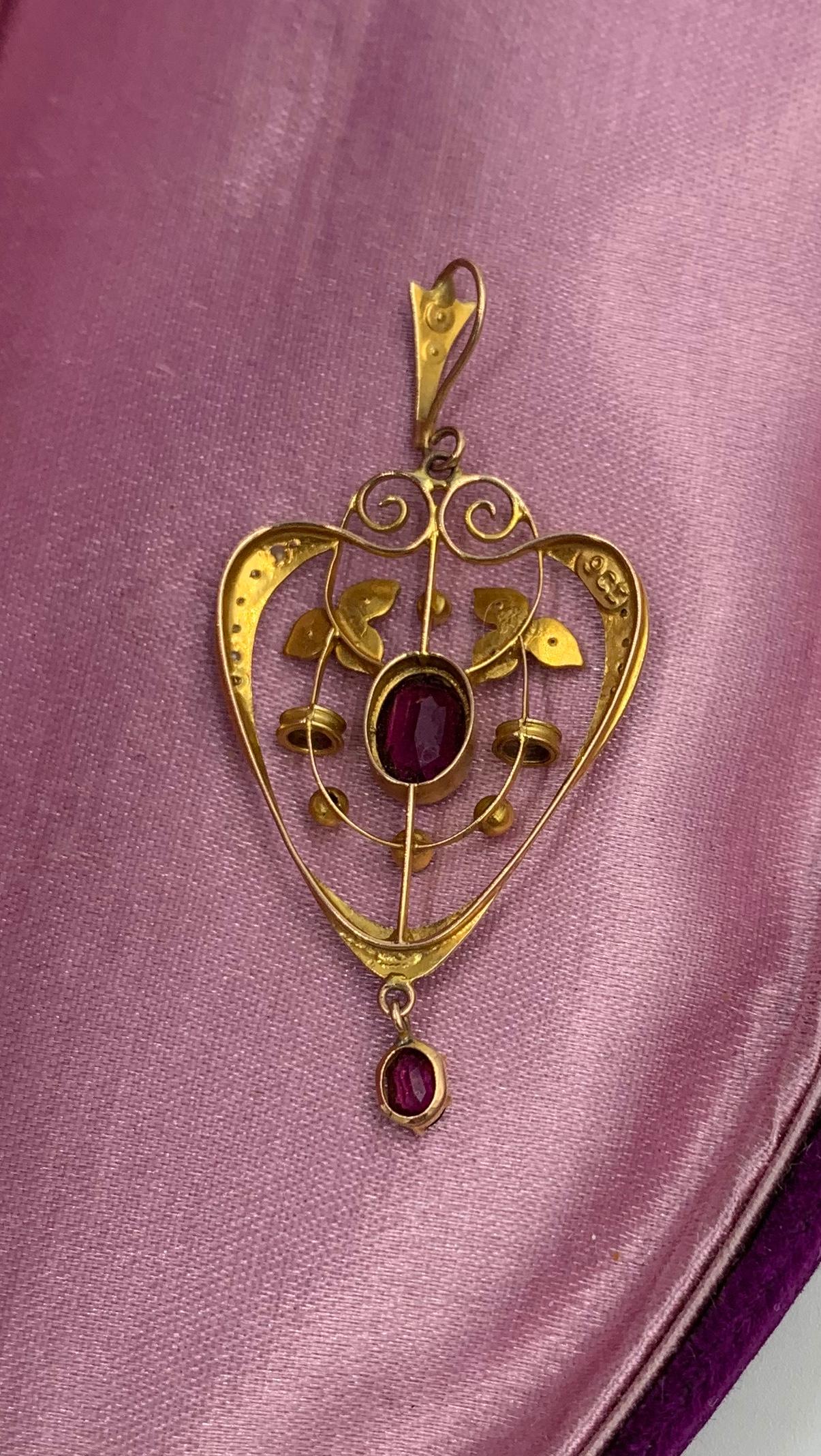 Victorian Garnet Pearl Heart Pendant Lavaliere Necklace Antique Gold 2
