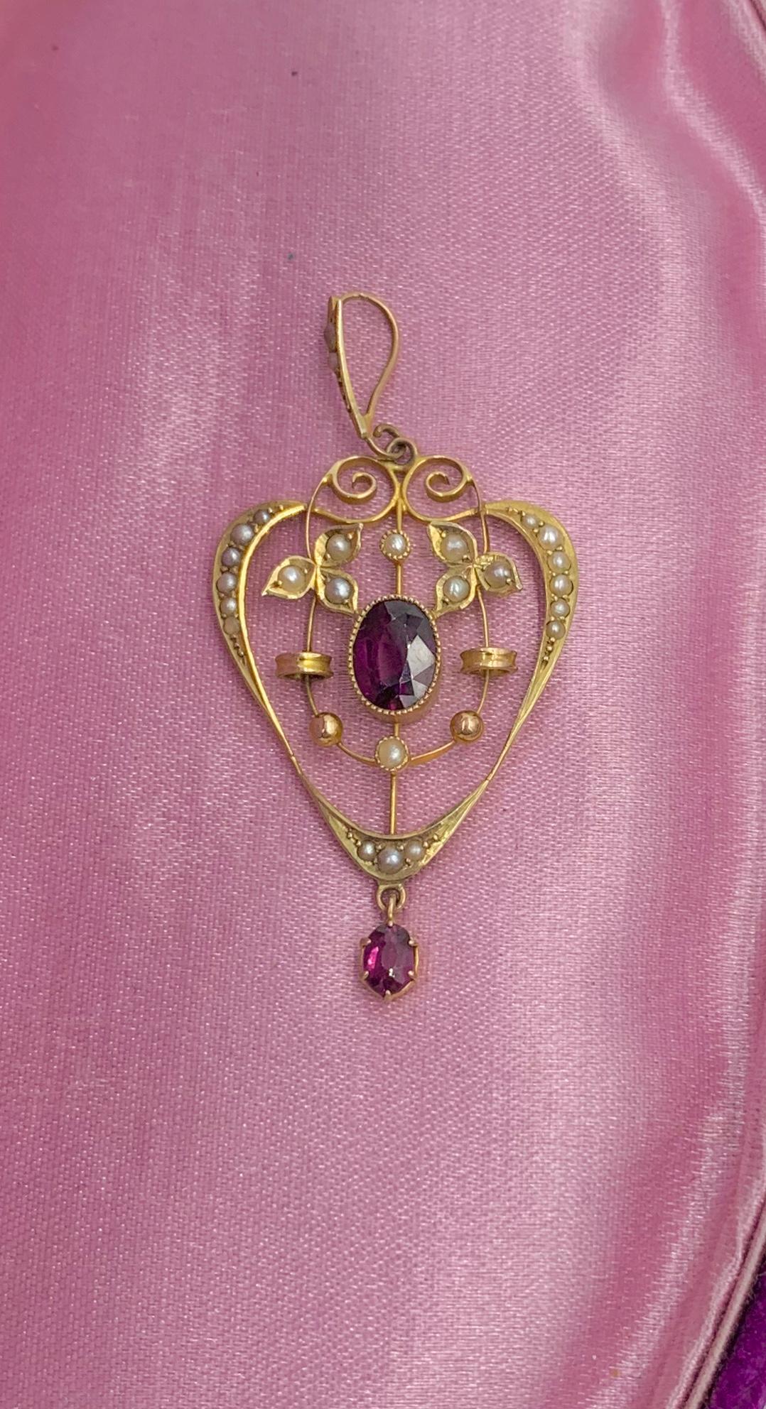 Victorian Garnet Pearl Heart Pendant Lavaliere Necklace Antique Gold 3