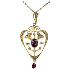 Victorian Garnet Pearl Heart Pendant Lavaliere Necklace Antique Gold