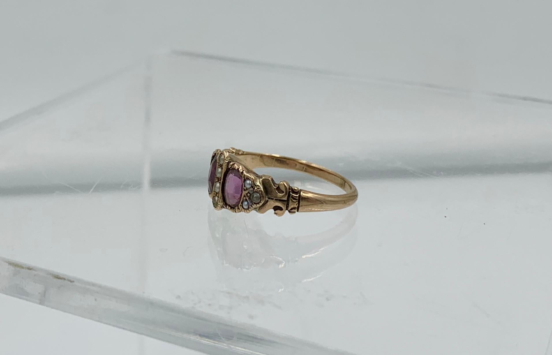 Victorian Garnet Pearl Ring Gold Antique Wedding Engagement Stacking Ring For Sale 2