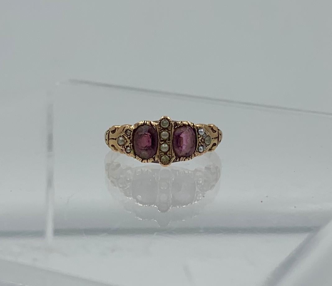 Oval Cut Victorian Garnet Pearl Ring Gold Antique Wedding Engagement Stacking Ring For Sale