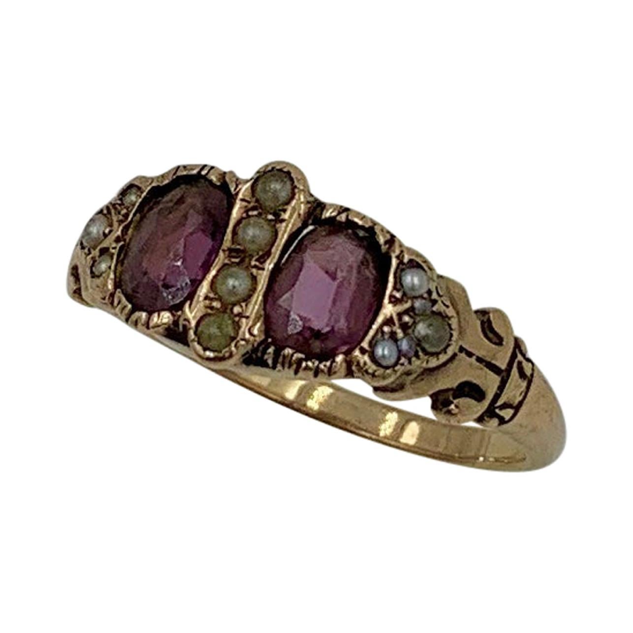 Victorian Garnet Pearl Ring Gold Antique Wedding Engagement Stacking Ring