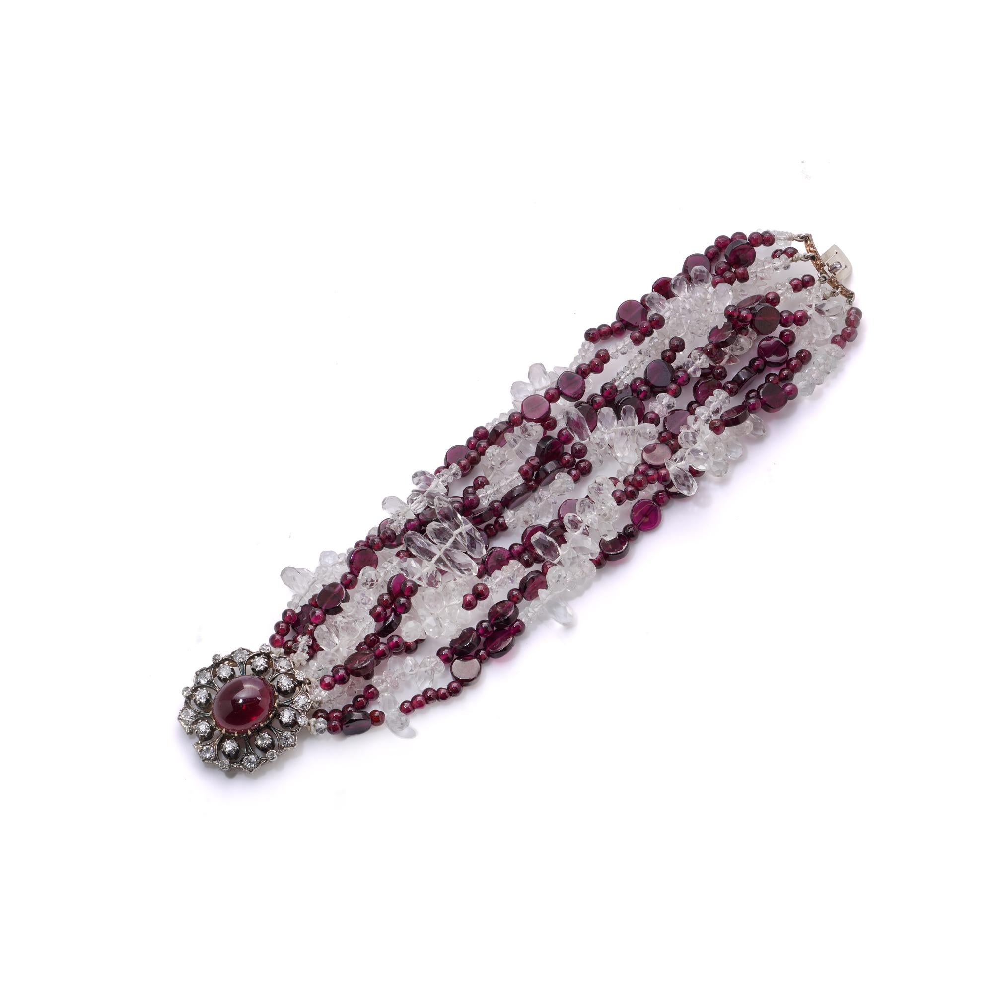 Victorian Garnet, Quartz & Diamond Multi-Strand Bead Bracelet For Sale