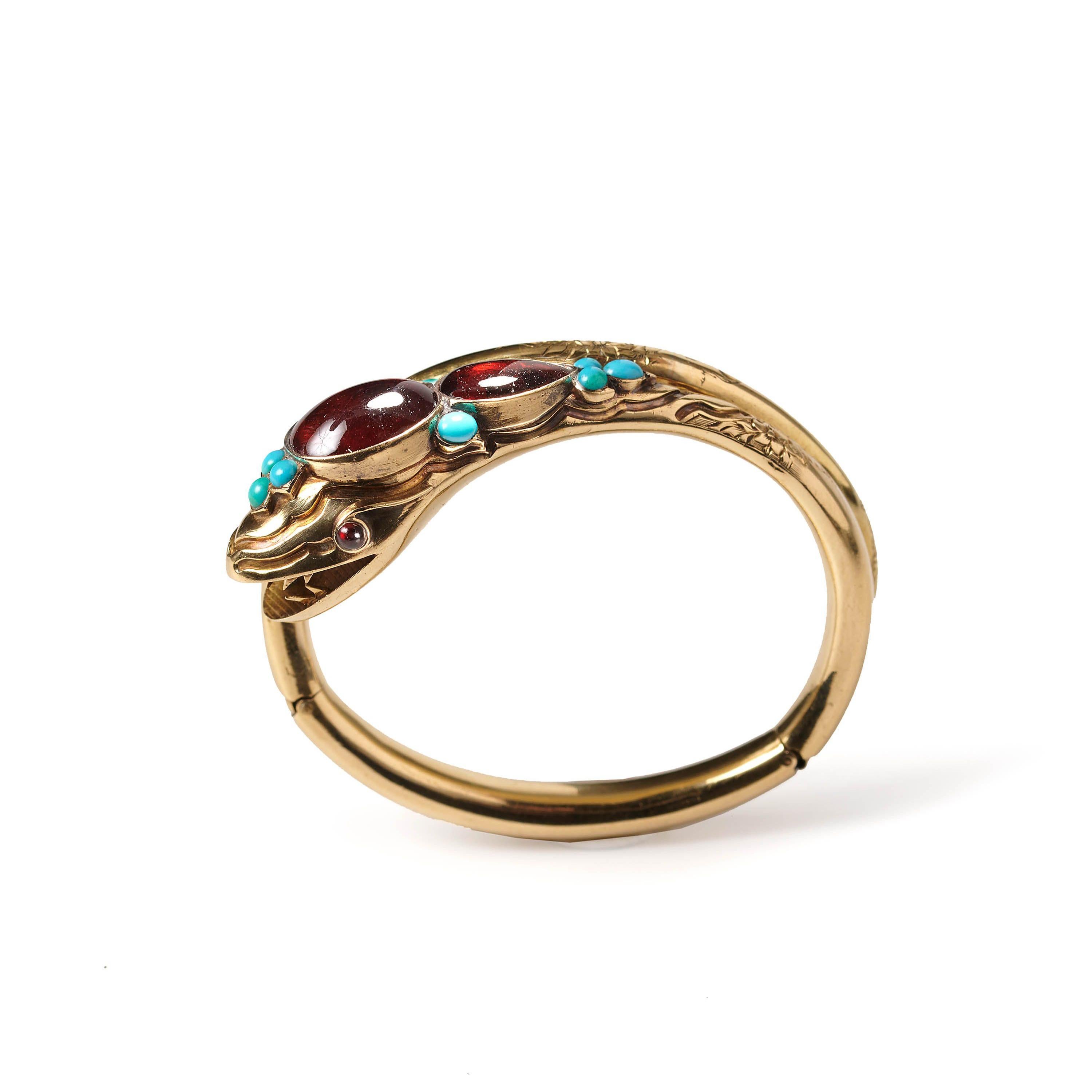 Brazalete victoriano de granate, turquesa y serpiente de oro, circa 1900 Victoriano en venta
