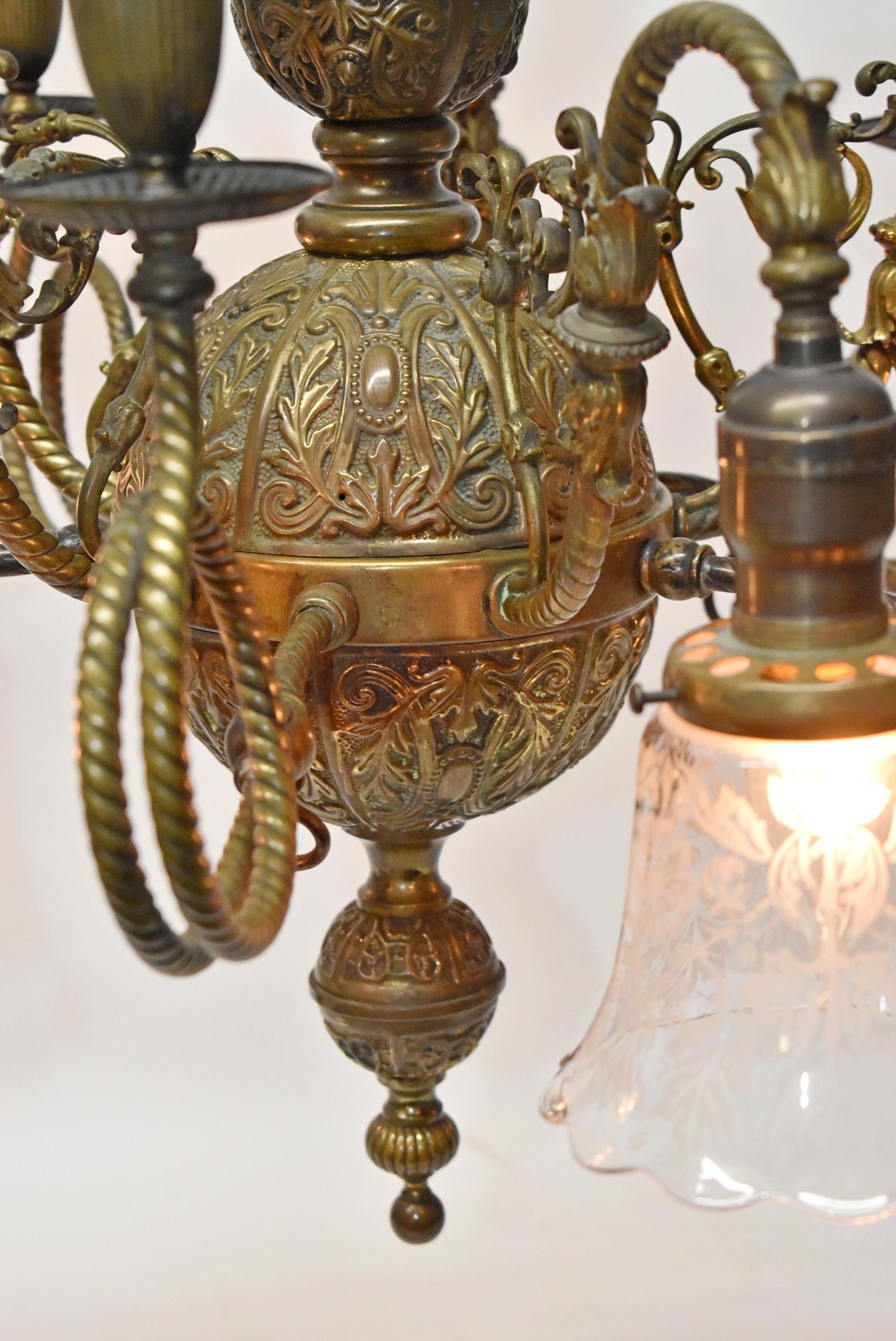 Victorian Gas & Electric Brass Chandelier, 1890's In Good Condition For Sale In Toledo, OH