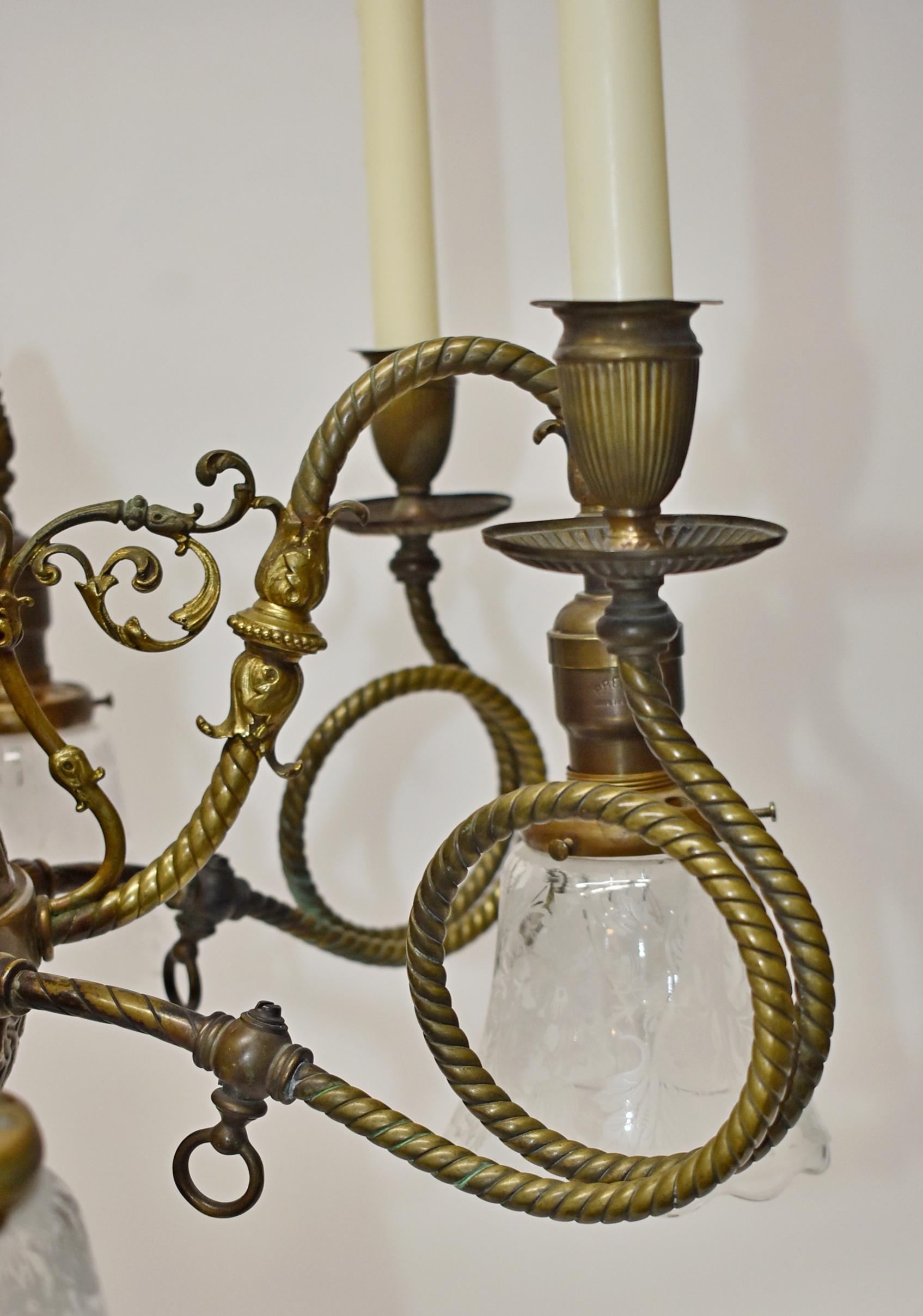 19th Century Victorian Gas & Electric Brass Chandelier, 1890's For Sale