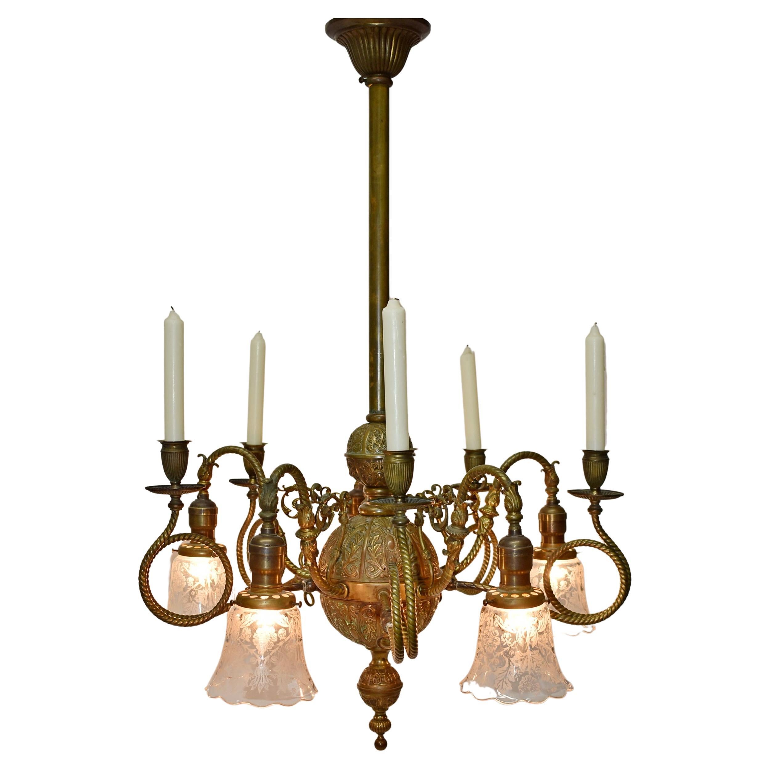 Victorian Gas & Electric Brass Chandelier, 1890's For Sale