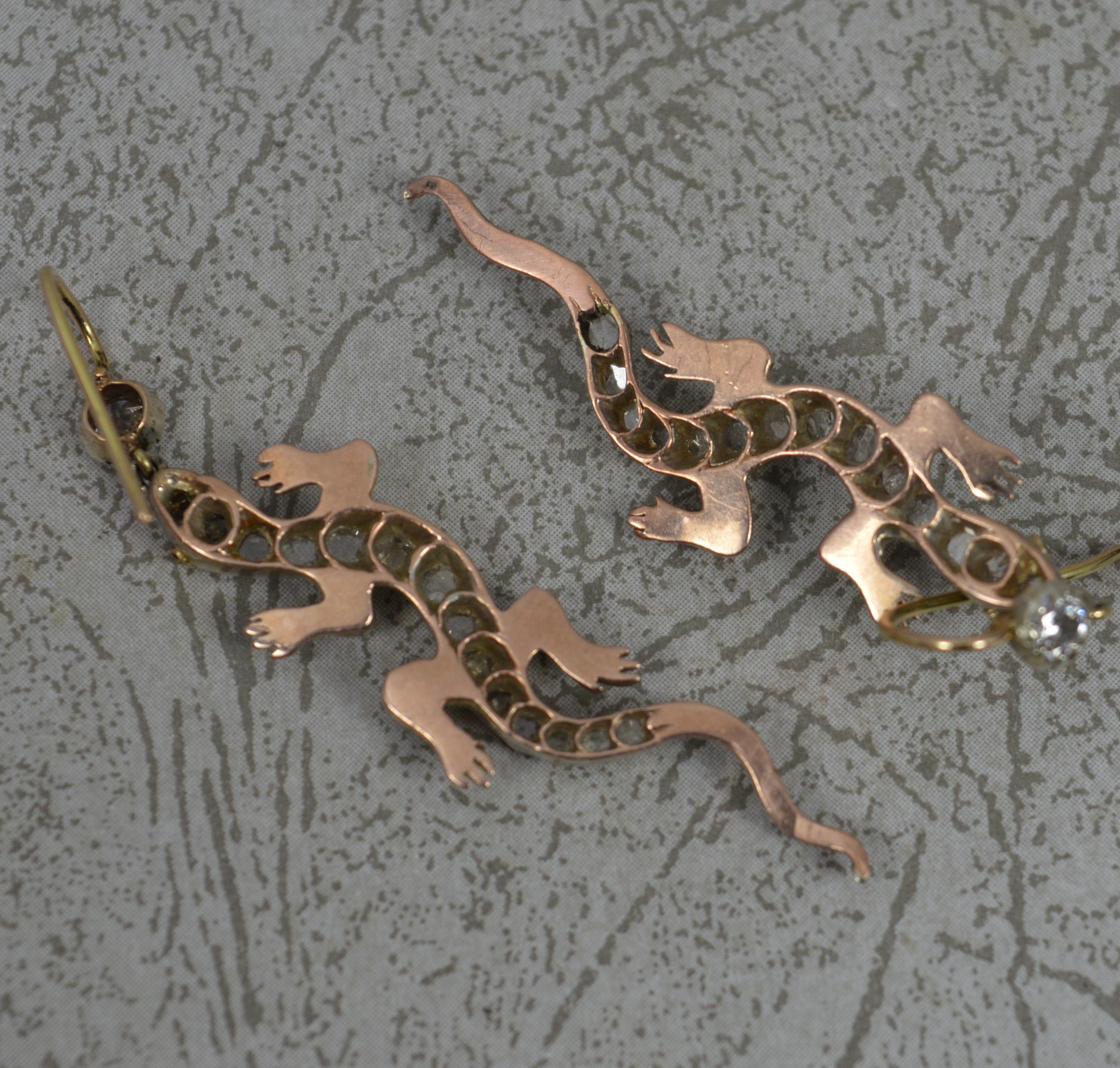 Victorian Gecko Shape 15ct Gold Rose Cut Diamond Drop Dangle Earrings In Excellent Condition For Sale In St Helens, GB