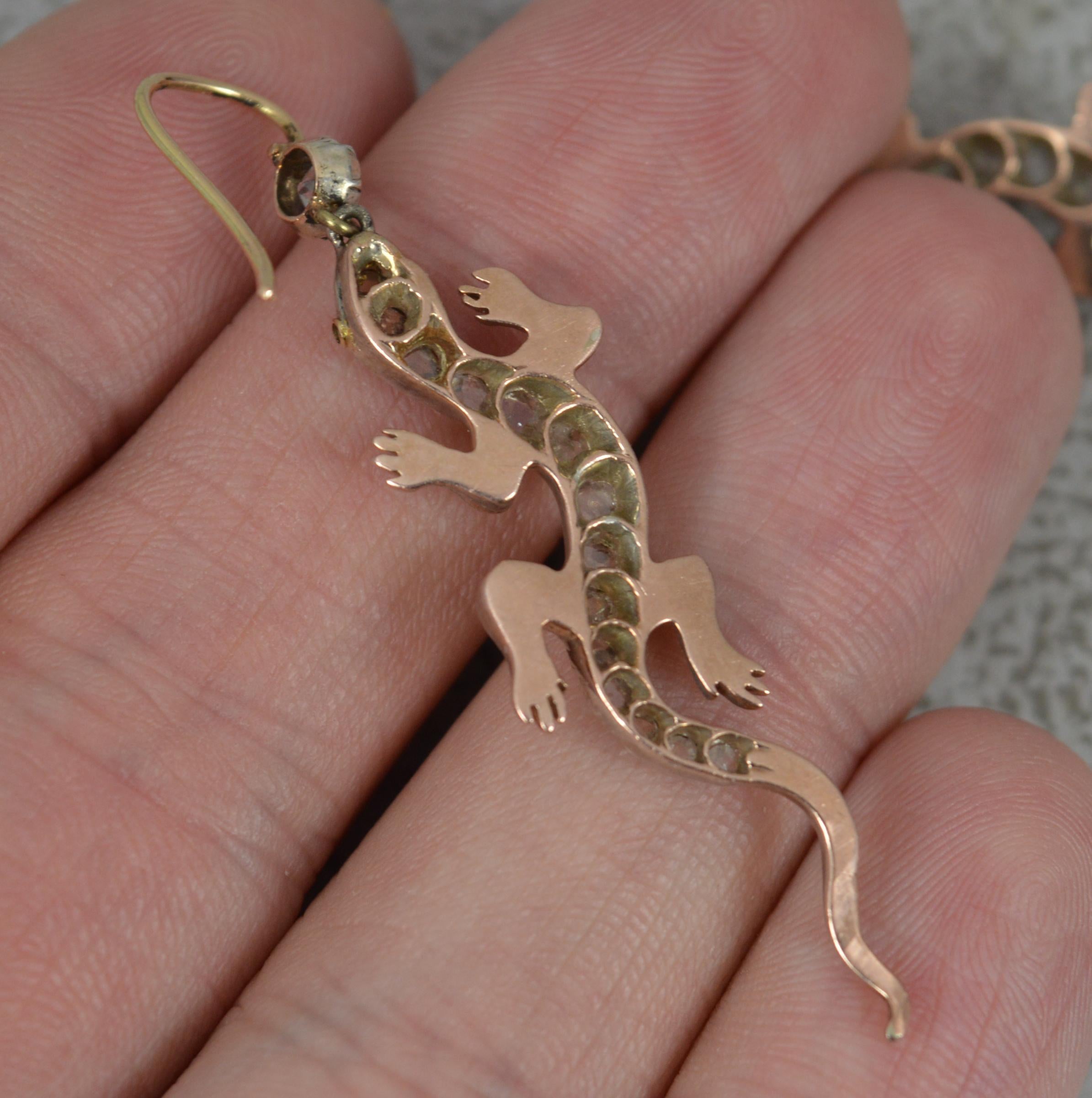 Women's Victorian Gecko Shape 15ct Gold Rose Cut Diamond Drop Dangle Earrings For Sale