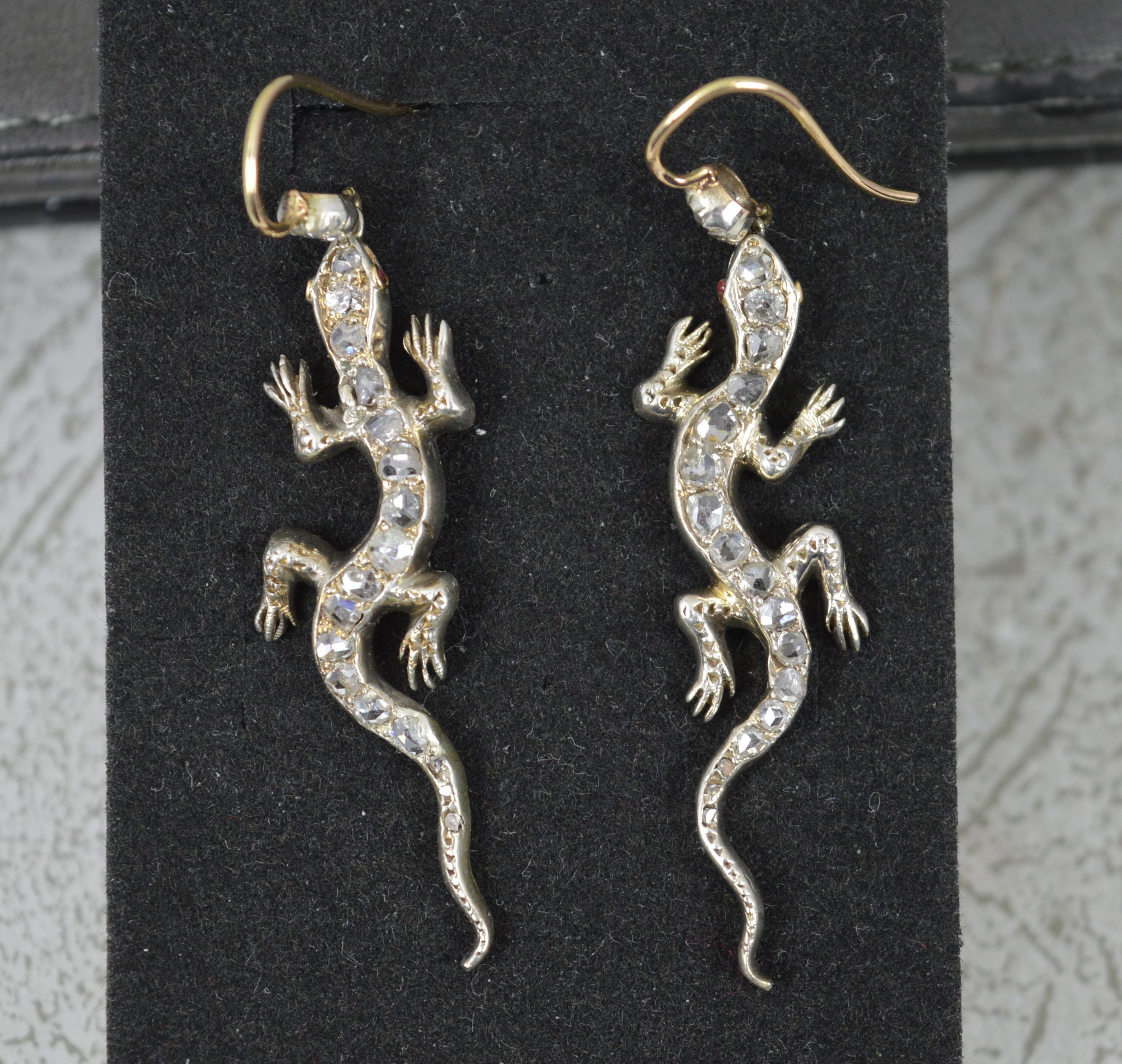 Victorian Gecko Shape 15ct Gold Rose Cut Diamond Drop Dangle Earrings For Sale 1