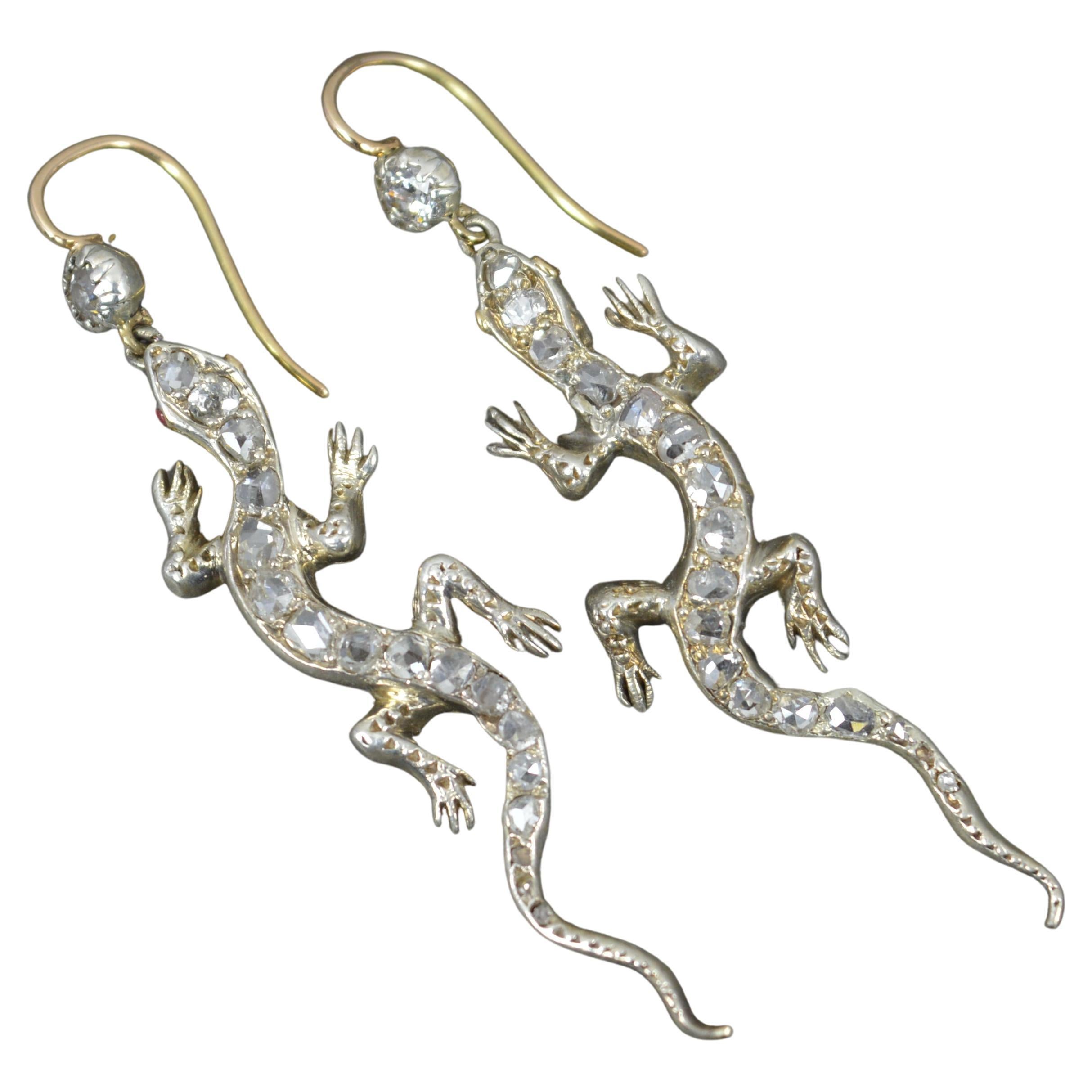 Victorian Gecko Shape 15ct Gold Rose Cut Diamond Drop Dangle Earrings For Sale