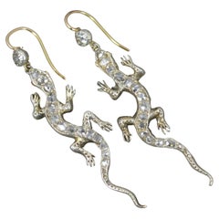 Victorian Gecko Shape 15ct Gold Rose Cut Diamond Drop Dangle Earrings
