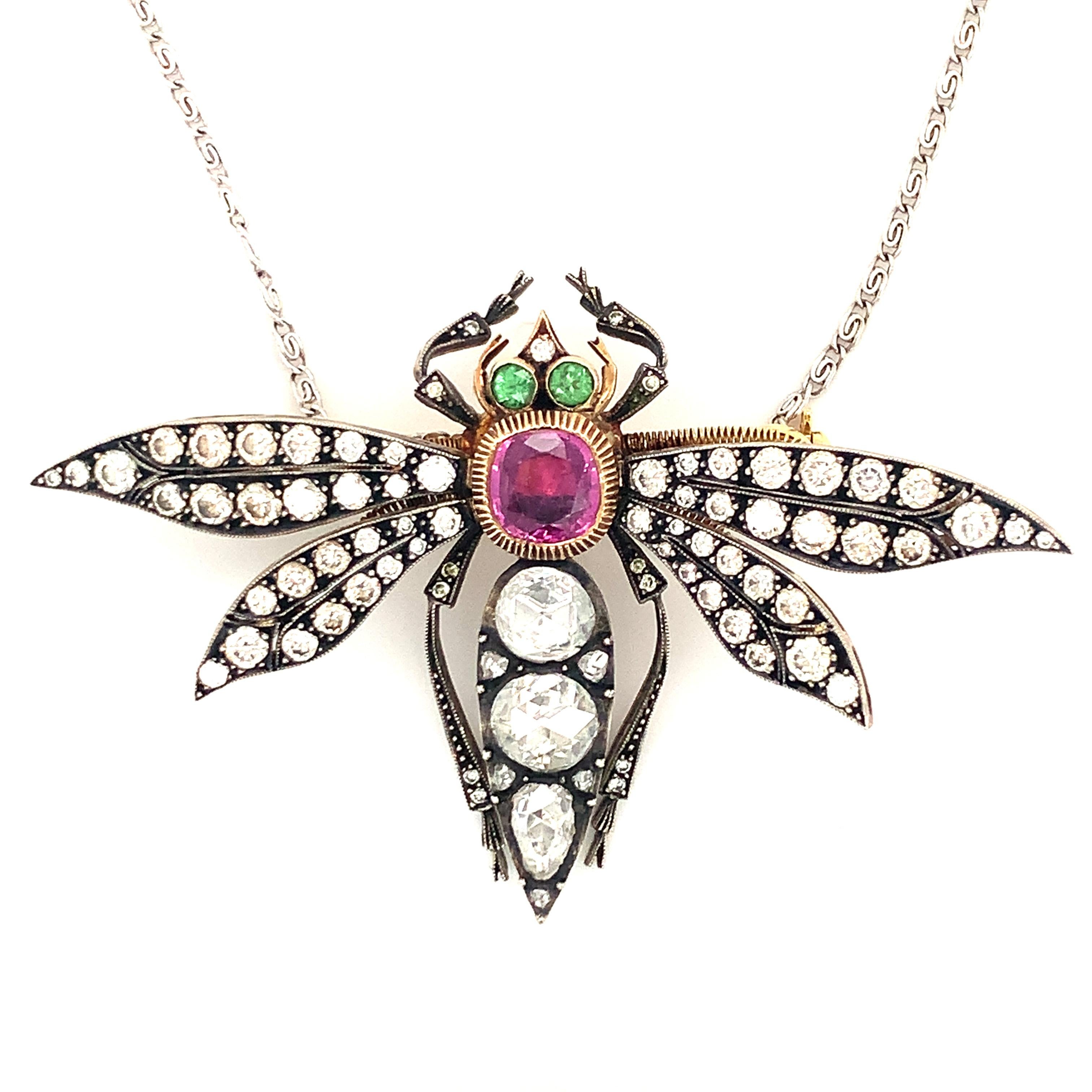 Victorian Gem-set Dragonfly Platinum and Gold Pendant / Brooch In Good Condition For Sale In Beverly Hills, CA