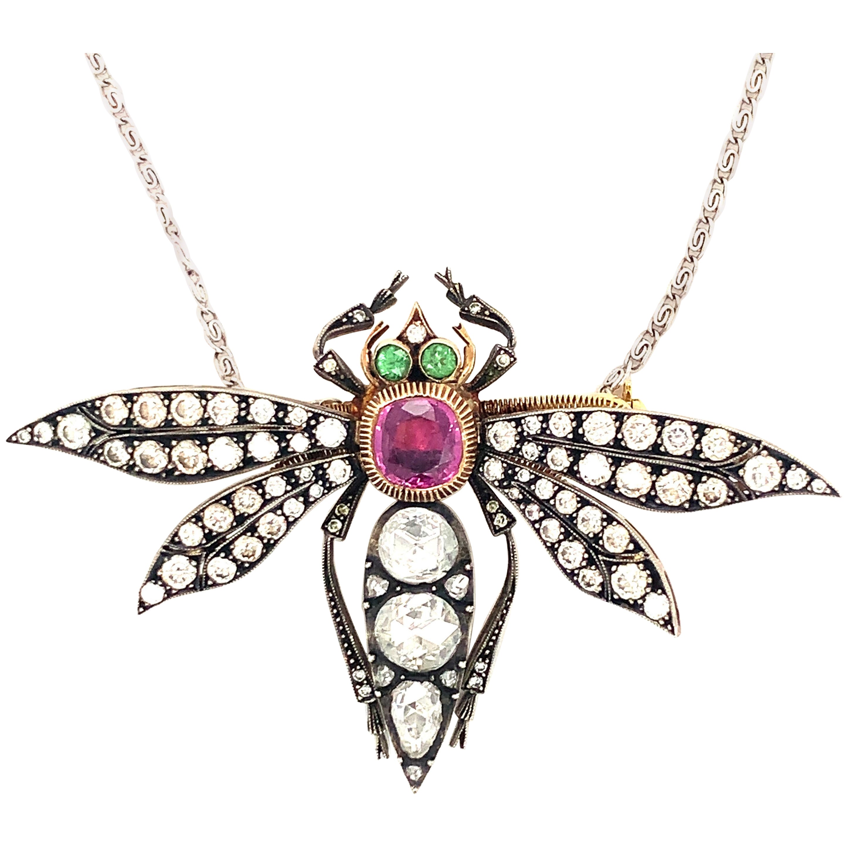 Pendentif / broche libellule victorien en platine et or serti de pierres précieuses