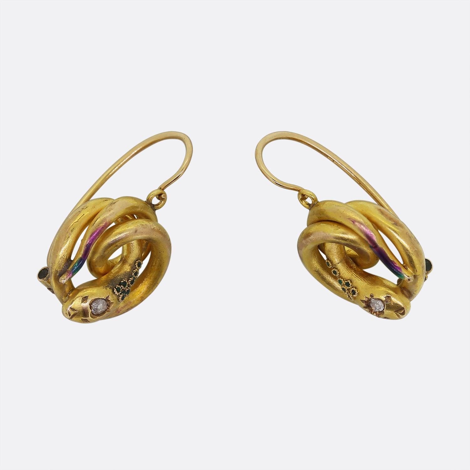 Old European Cut Victorian Gem Set Enamelled Snake Earrings