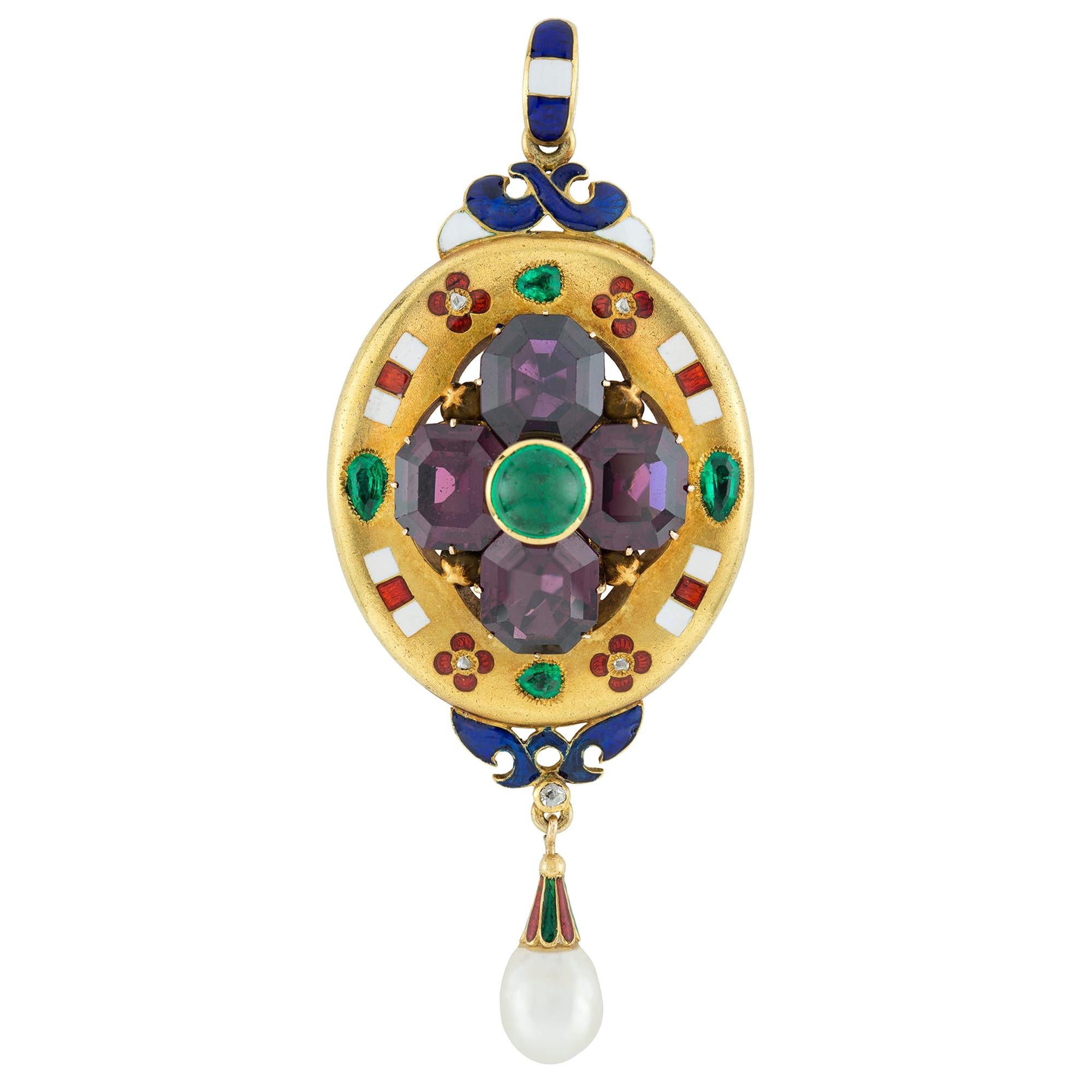 Victorian Gem-Set Gold Holbeinesque Pendant For Sale