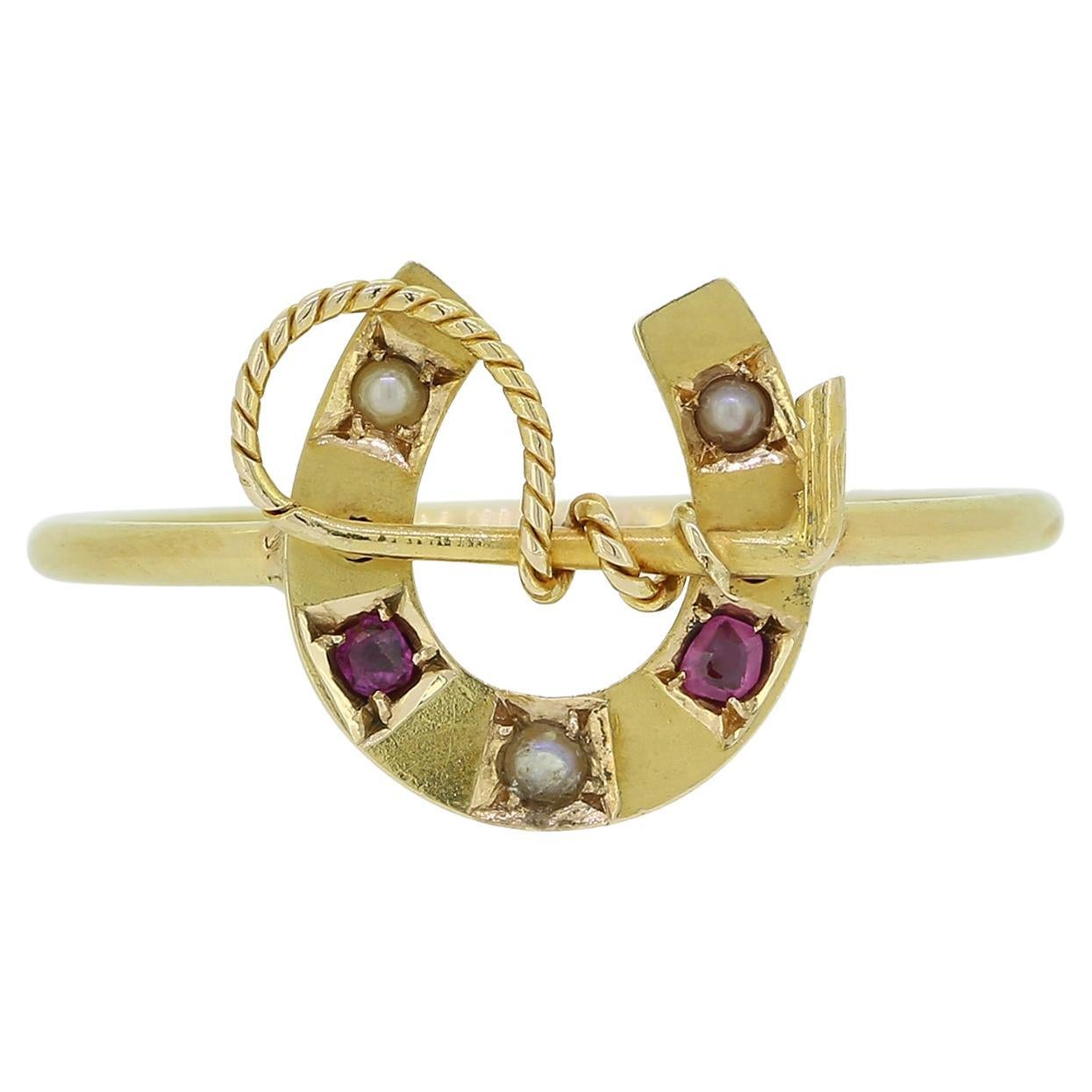 Victorian Gem Set Horseshoe and Riding Crop Ring For Sale