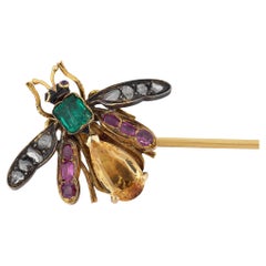 Spilla vittoriana con pietra preziosa e diamante in oro giallo 18 carati con smalto