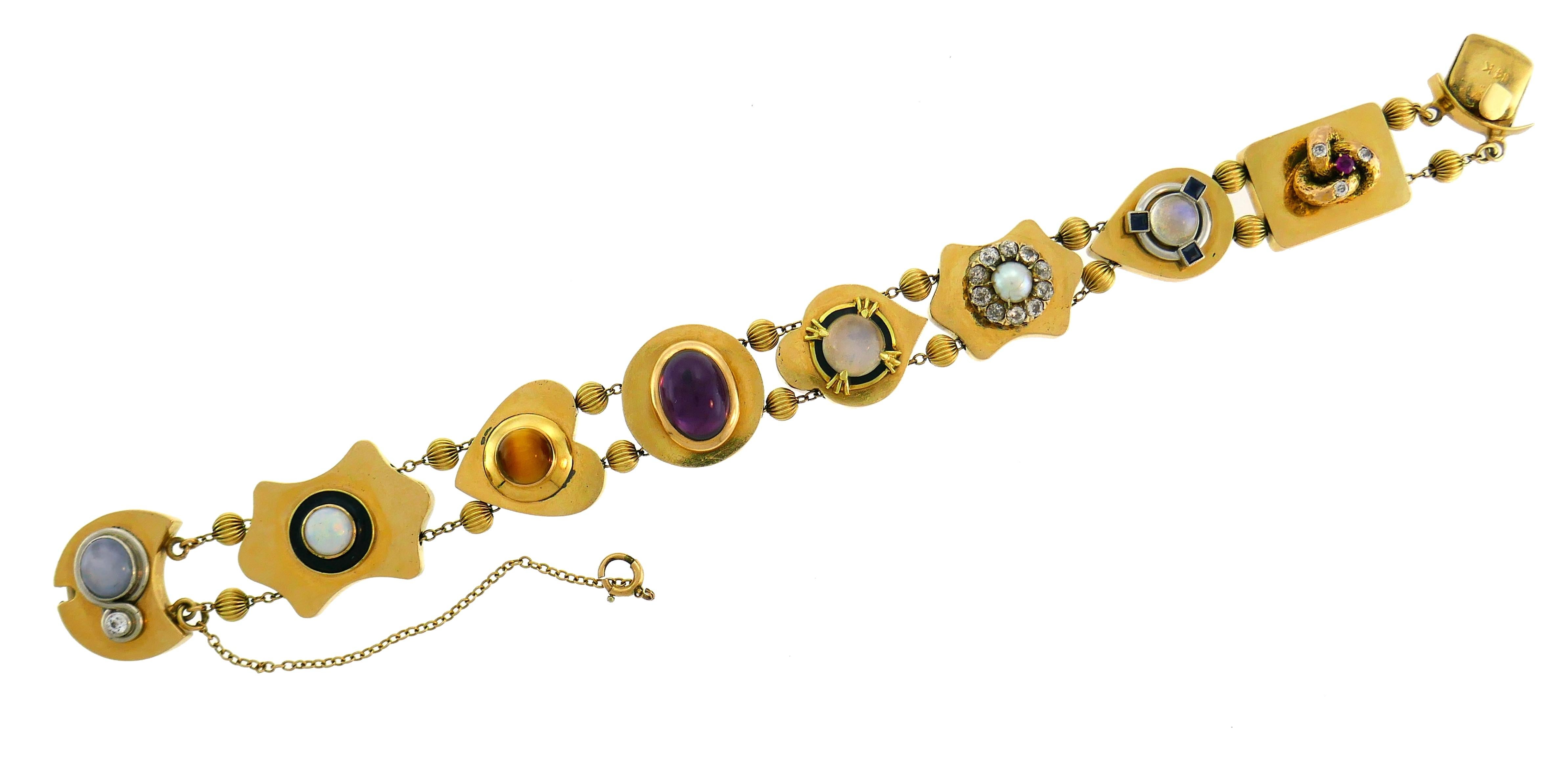 Mixed Cut Victorian Gemstones Gold Slide Bracelet