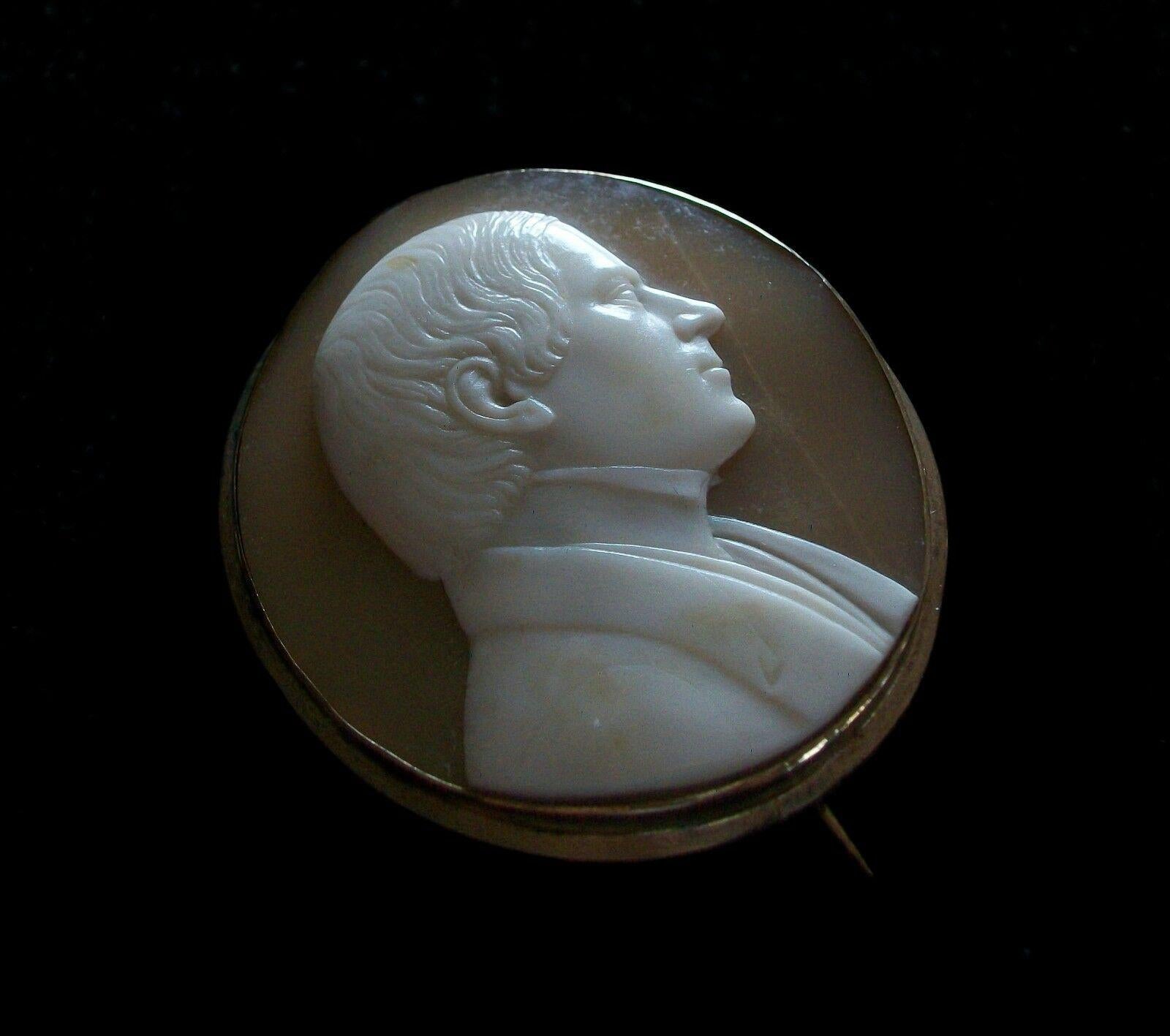 Exceedingly rare Victorian custom made hand carved gentleman's shell cameo brooch or pin - right facing portrait - a sign of wealth and prestige when worn by 18th and 19th century gentlemen (Napoleon wore one on his wedding day) - gold filled