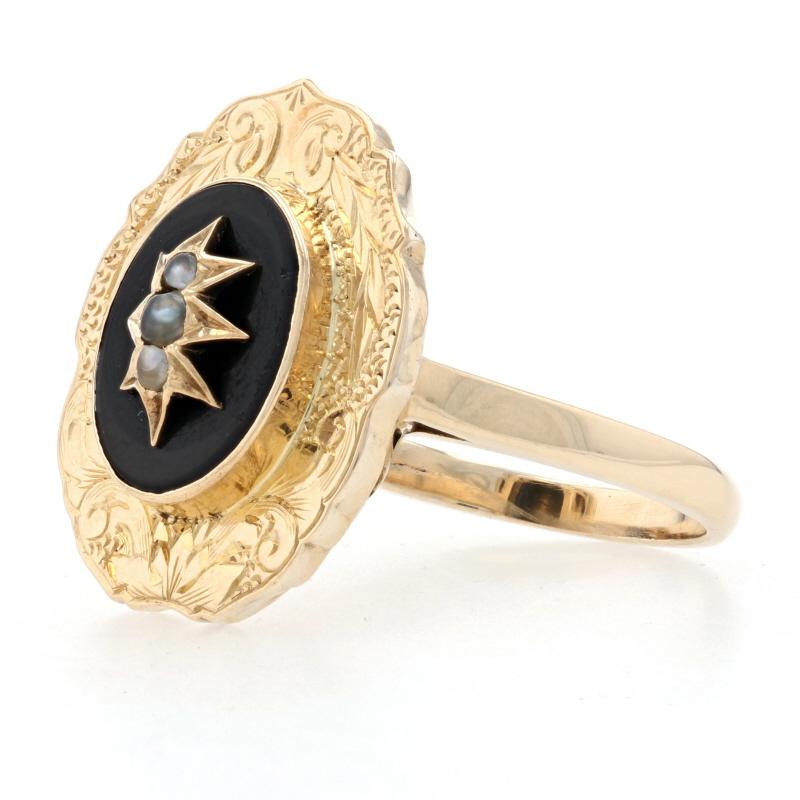 Bead Victorian Genuine Onyx & Seed Pearl Cocktail Ring, 10k Yellow Gold Antique