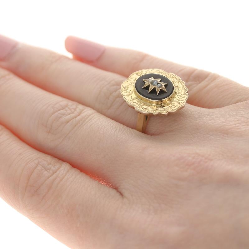 Victorian Genuine Onyx & Seed Pearl Cocktail Ring, 10k Yellow Gold Antique In Excellent Condition In Greensboro, NC