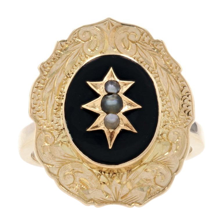 Bague cocktail victorienne ancienne en or jaune 10 carats, onyx véritable et perles de rocaille