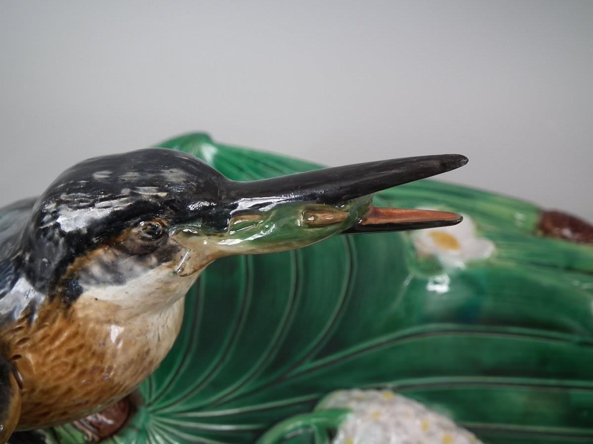 Victorian George Jones Majolica Lily Dish with Kingfisher 12