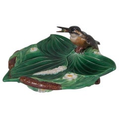 Victorian George Jones Majolica Lily Dish with Kingfisher