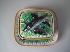 Victorian George Jones Majolica Sardine Dish, Cover and Stand