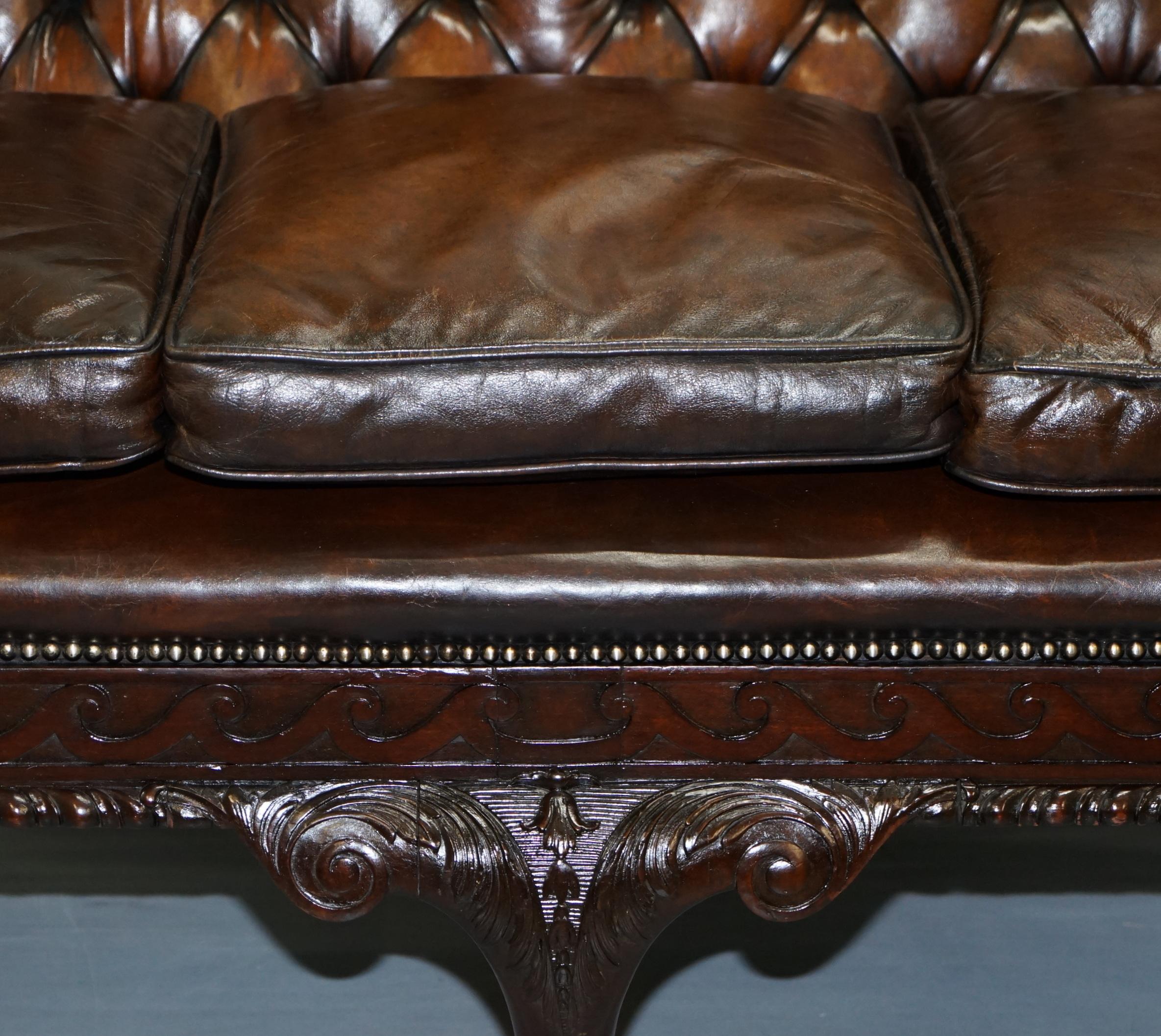 Victorian Georgian Irish Brown Leather Chesterfield Sofa Lion Hairy Paw Feet For Sale 3