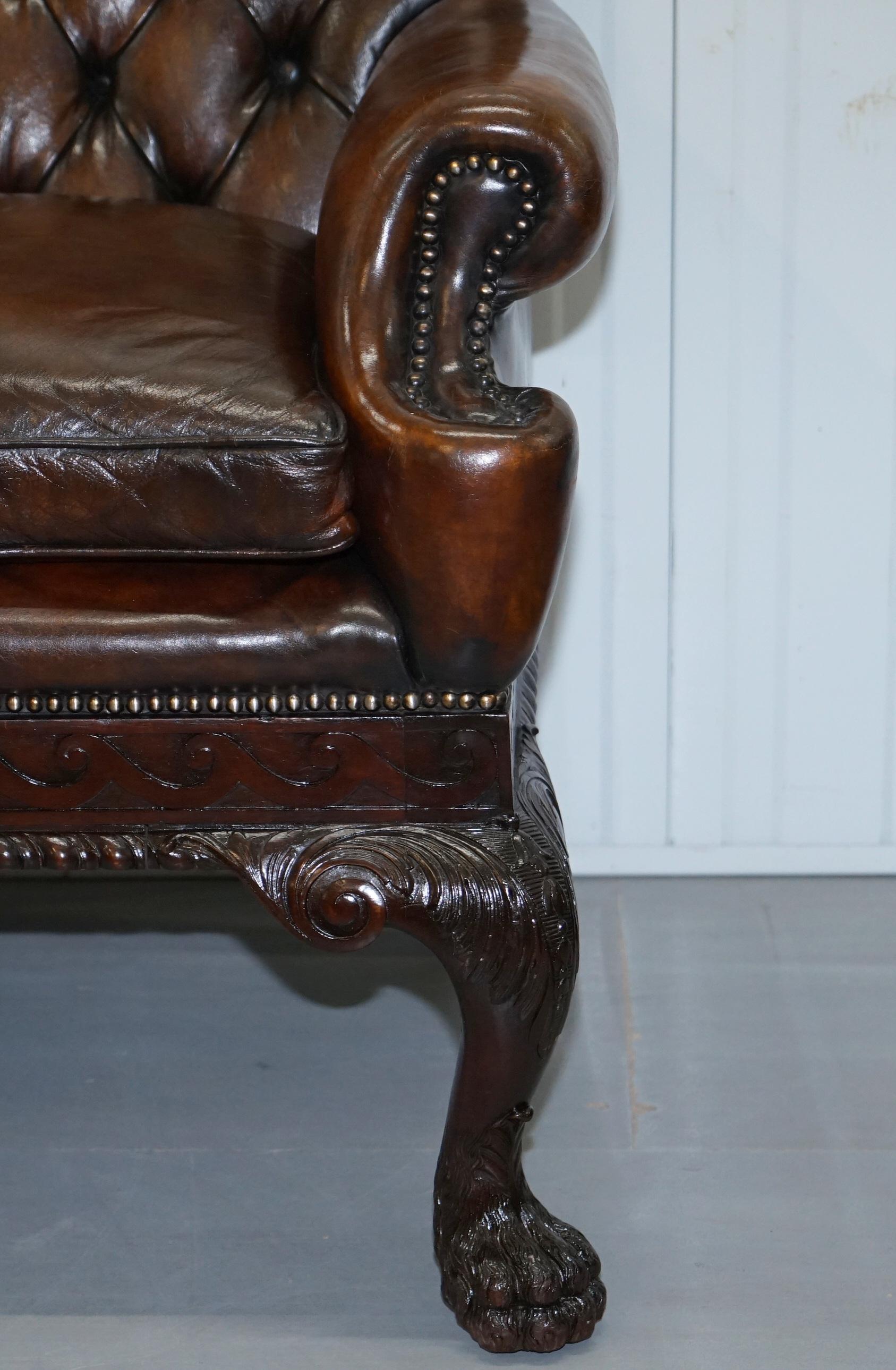Victorian Georgian Irish Brown Leather Chesterfield Sofa Lion Hairy Paw Feet For Sale 5