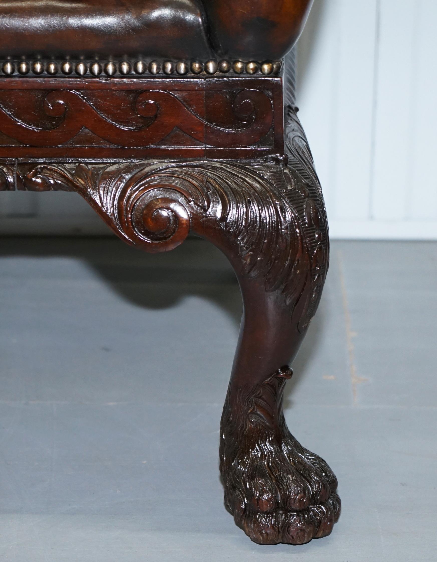 Victorian Georgian Irish Brown Leather Chesterfield Sofa Lion Hairy Paw Feet For Sale 6
