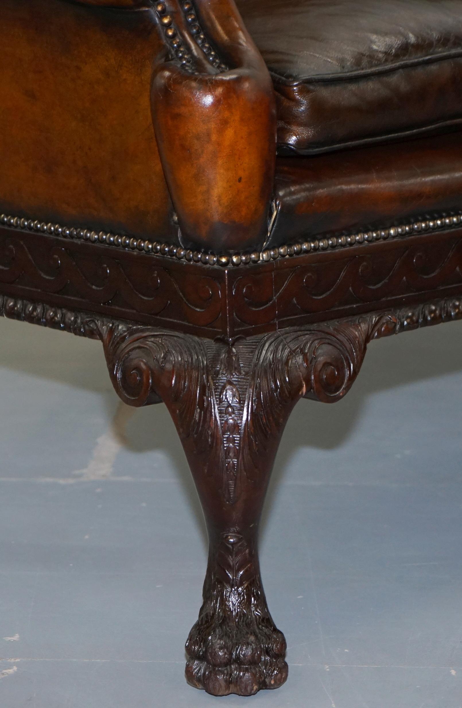 Victorian Georgian Irish Brown Leather Chesterfield Sofa Lion Hairy Paw Feet For Sale 7