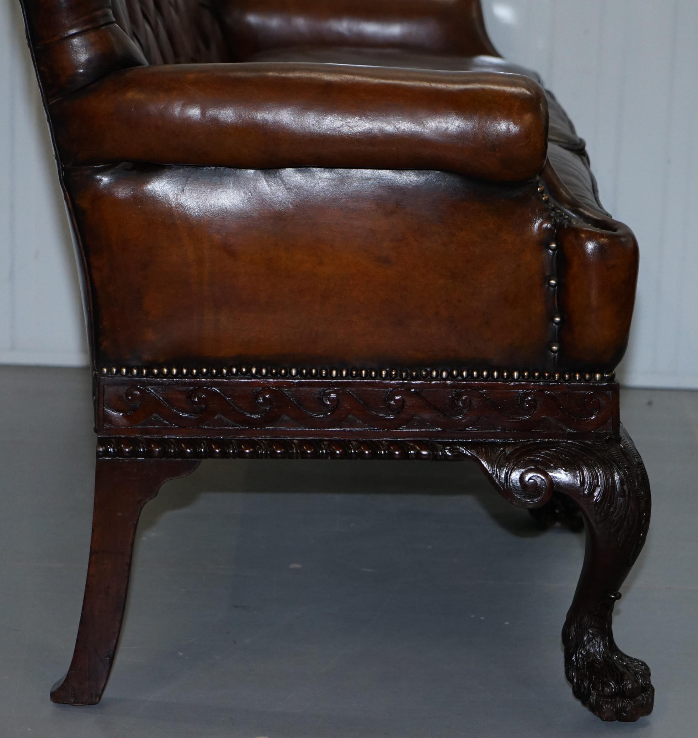 Victorian Georgian Irish Brown Leather Chesterfield Sofa Lion Hairy Paw Feet For Sale 10
