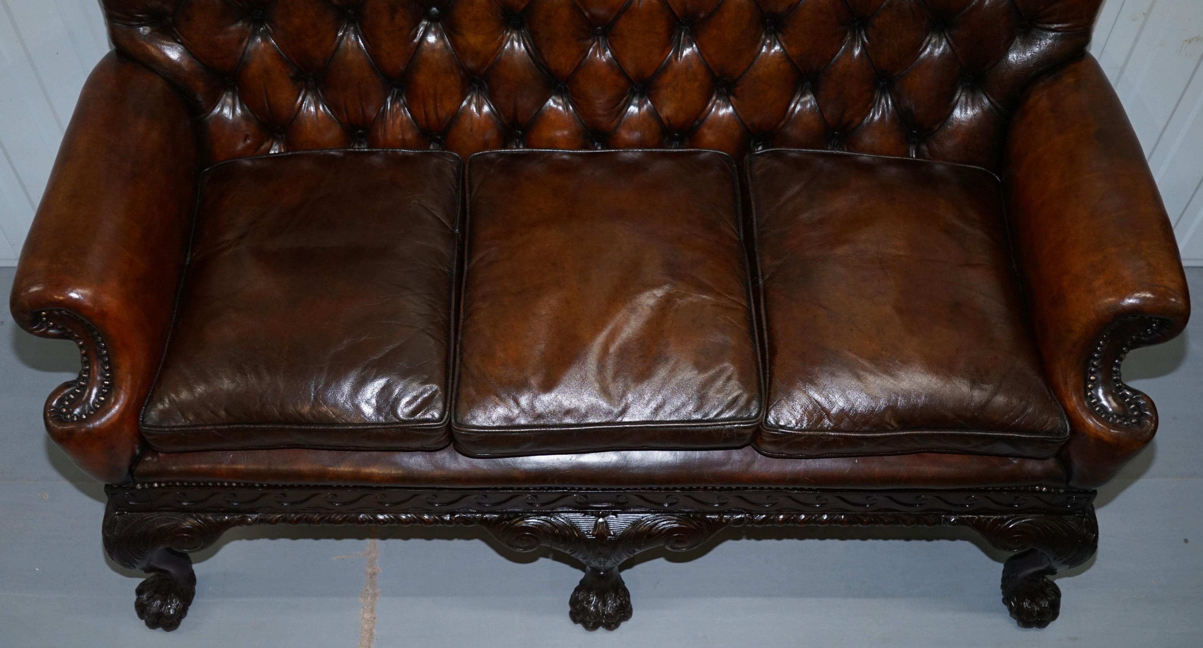 British Victorian Georgian Irish Brown Leather Chesterfield Sofa Lion Hairy Paw Feet For Sale