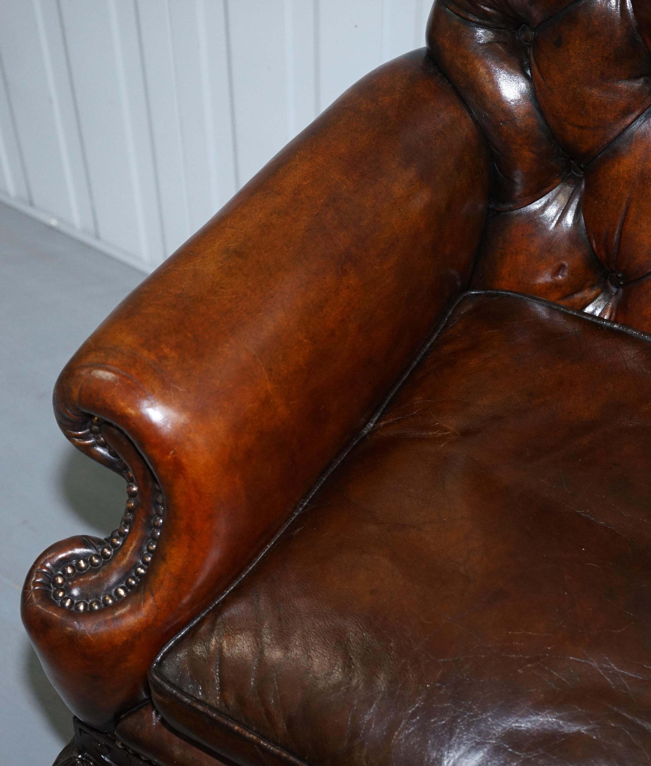 Hand-Carved Victorian Georgian Irish Brown Leather Chesterfield Sofa Lion Hairy Paw Feet For Sale