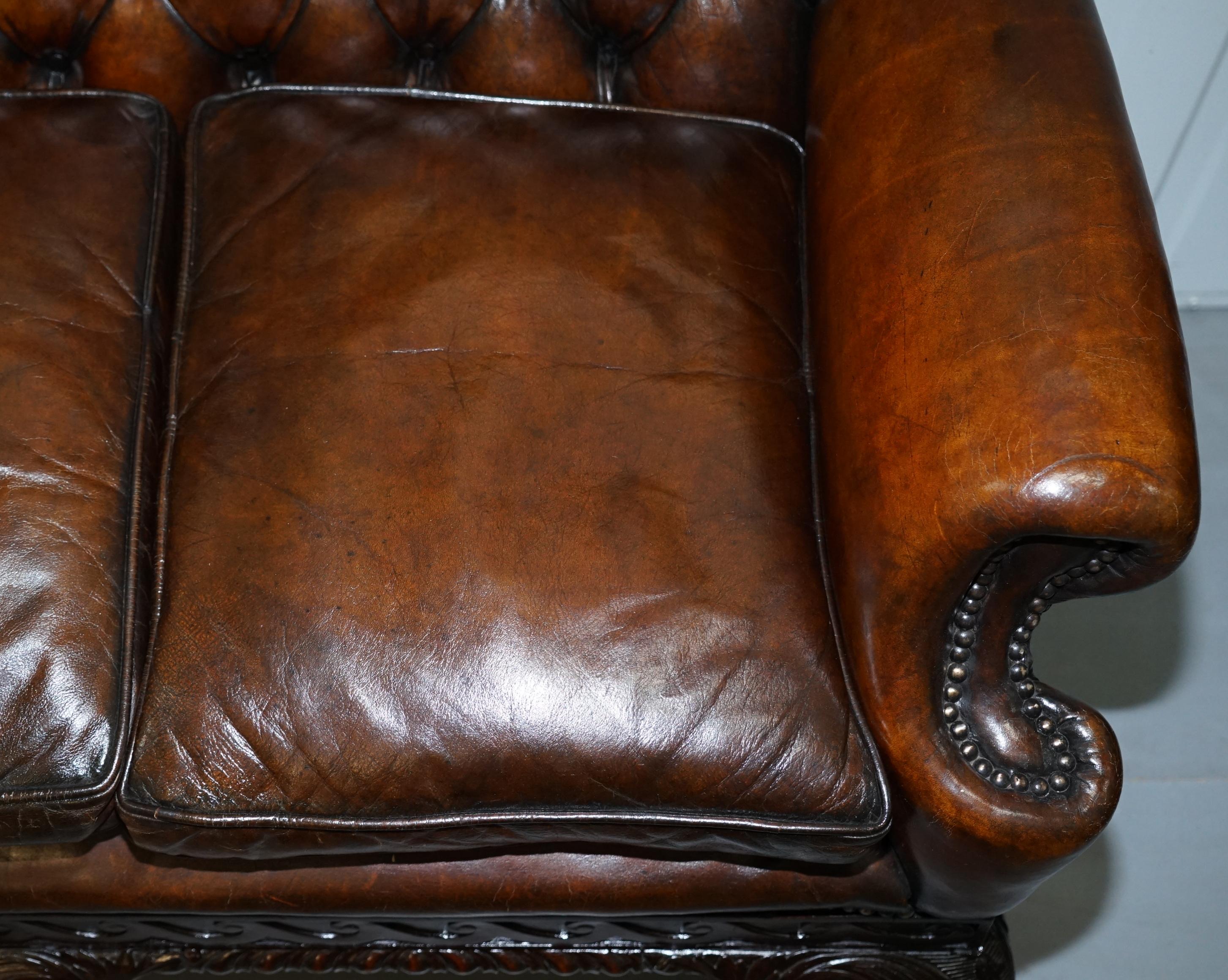 19th Century Victorian Georgian Irish Brown Leather Chesterfield Sofa Lion Hairy Paw Feet For Sale
