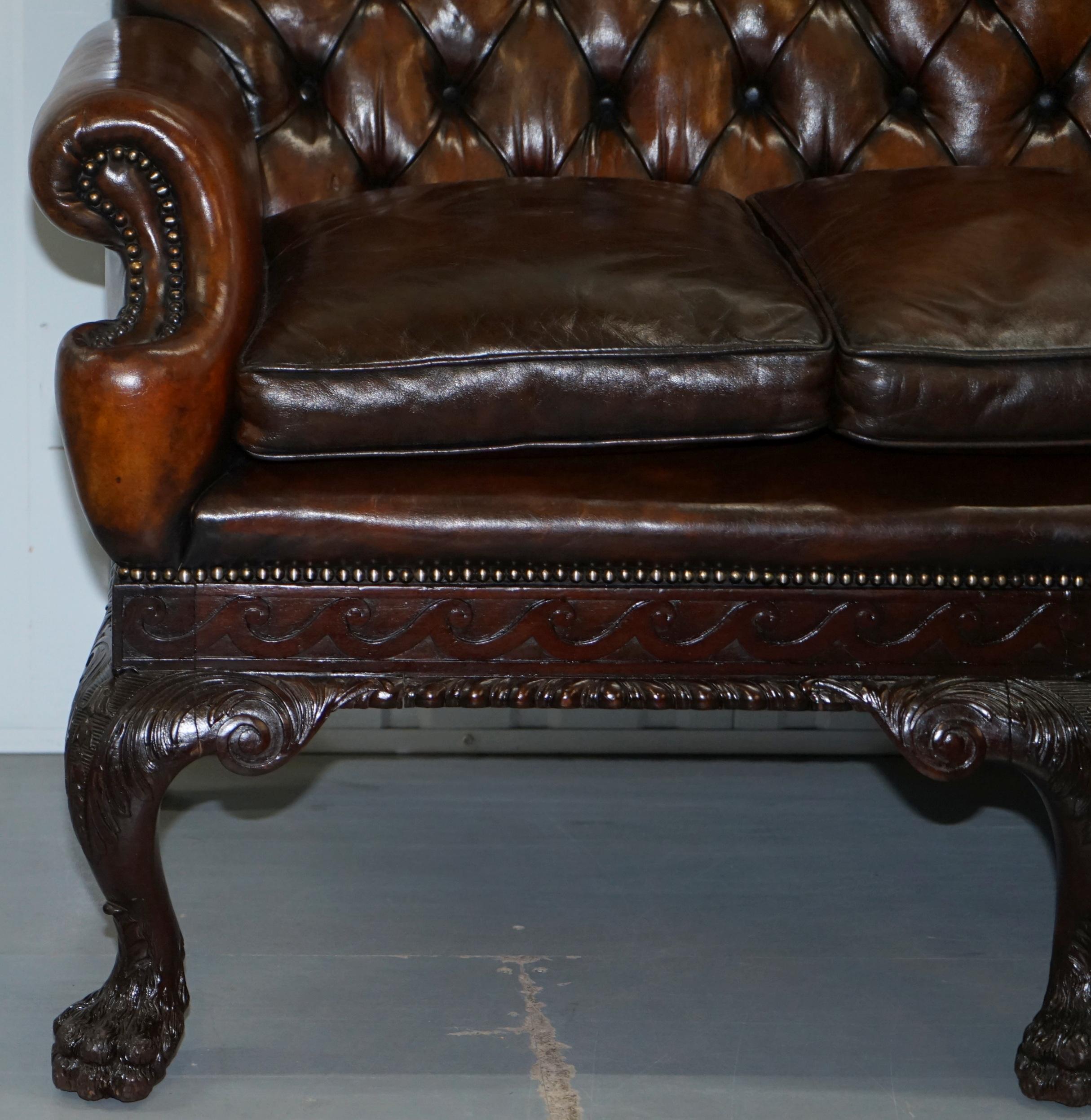 19th Century Victorian Georgian Irish Brown Leather Chesterfield Sofa Lion Hairy Paw Feet For Sale