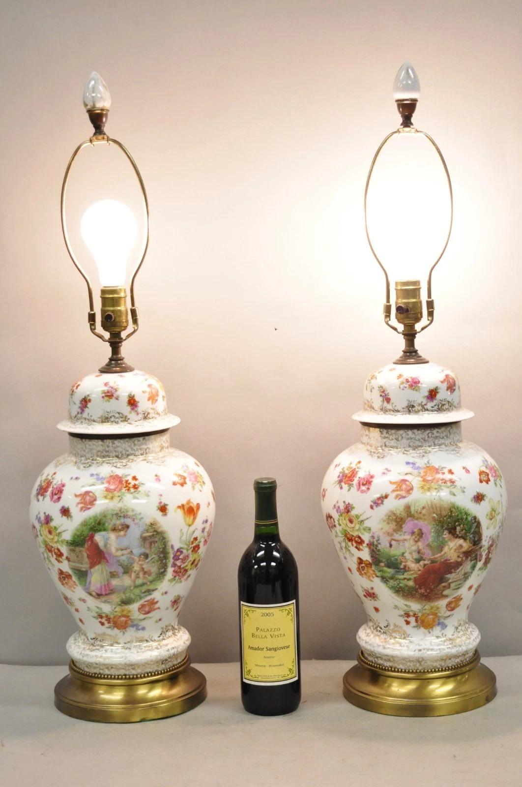 Vase à pot de gingembre en porcelaine allemande de l'époque victorienne Lampes de table françaises peintes à la main avec de belles scènes du 
