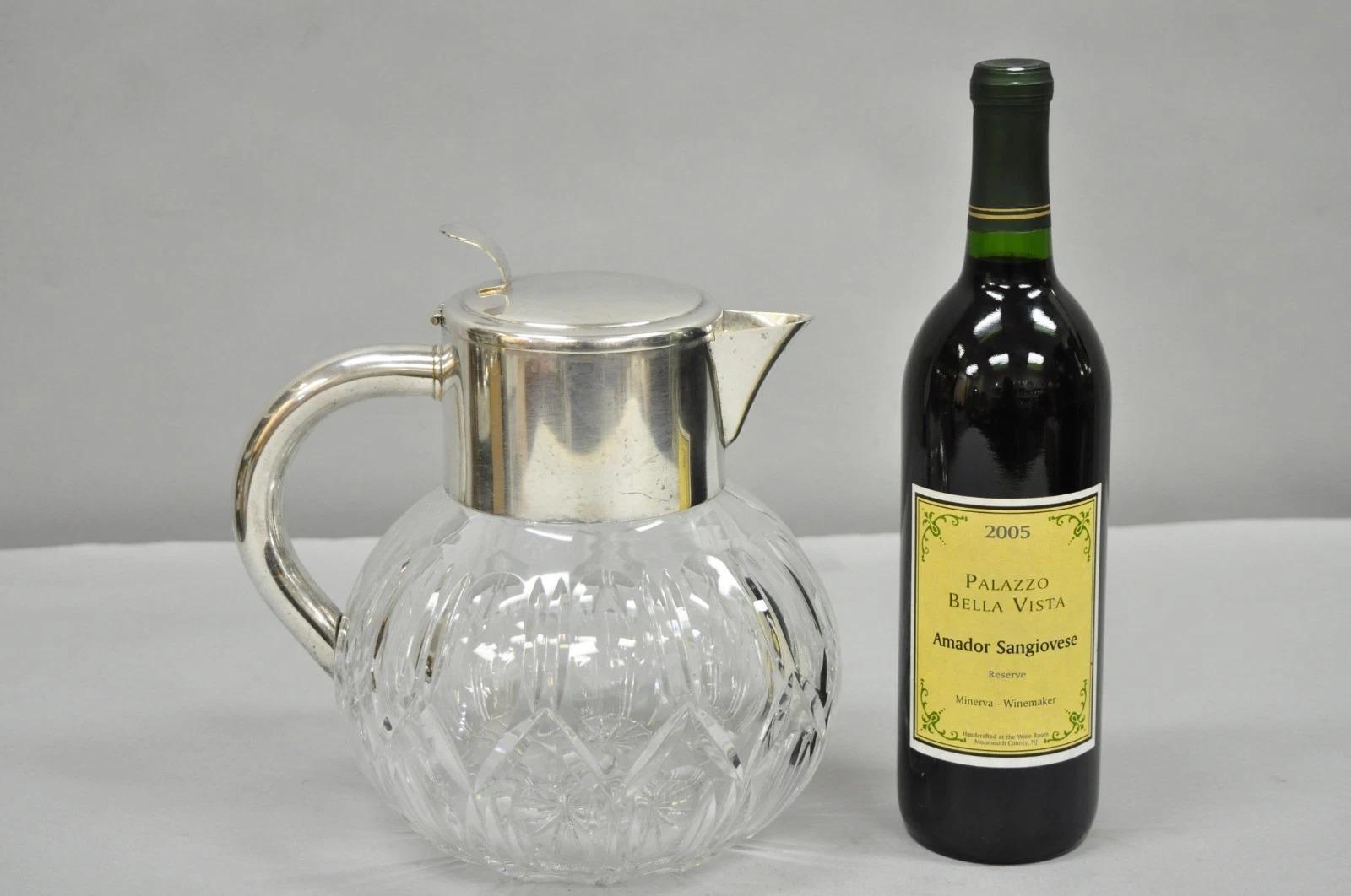 Antique Victorian German Silver Plated Bulbous Cut Crystal Glass Lemonade Water Pitcher. Made in Germany. Circa Early 20th Century. Measurements: 9