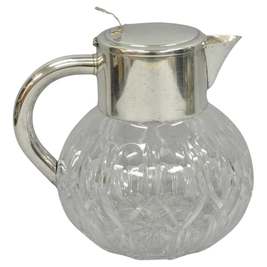 Victorian German Silver Plated Bulbous Cut Crystal Glass Lemonade Water Pitcher For Sale