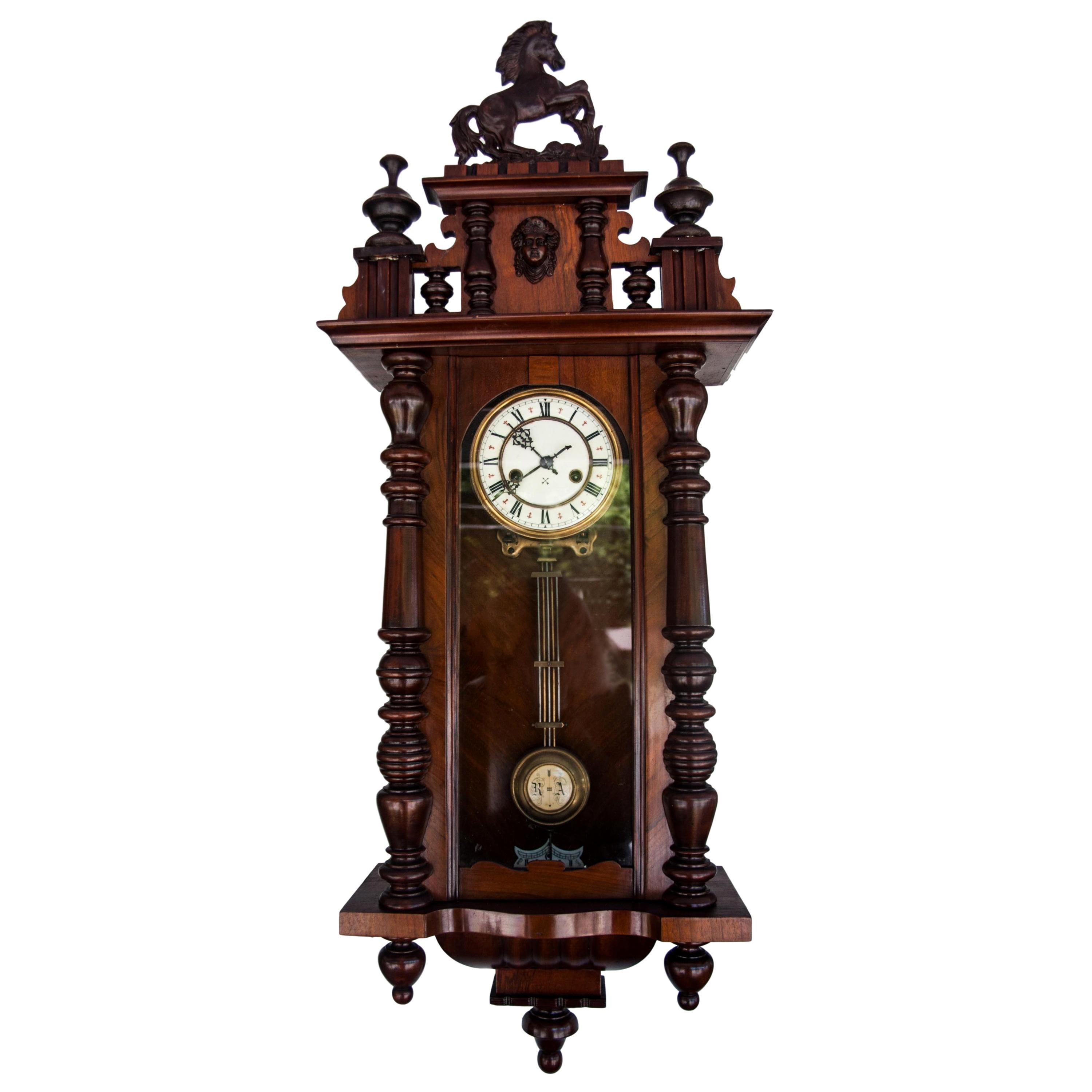 Victorian German Walnut Pendulum Wall Clock, circa 1890s