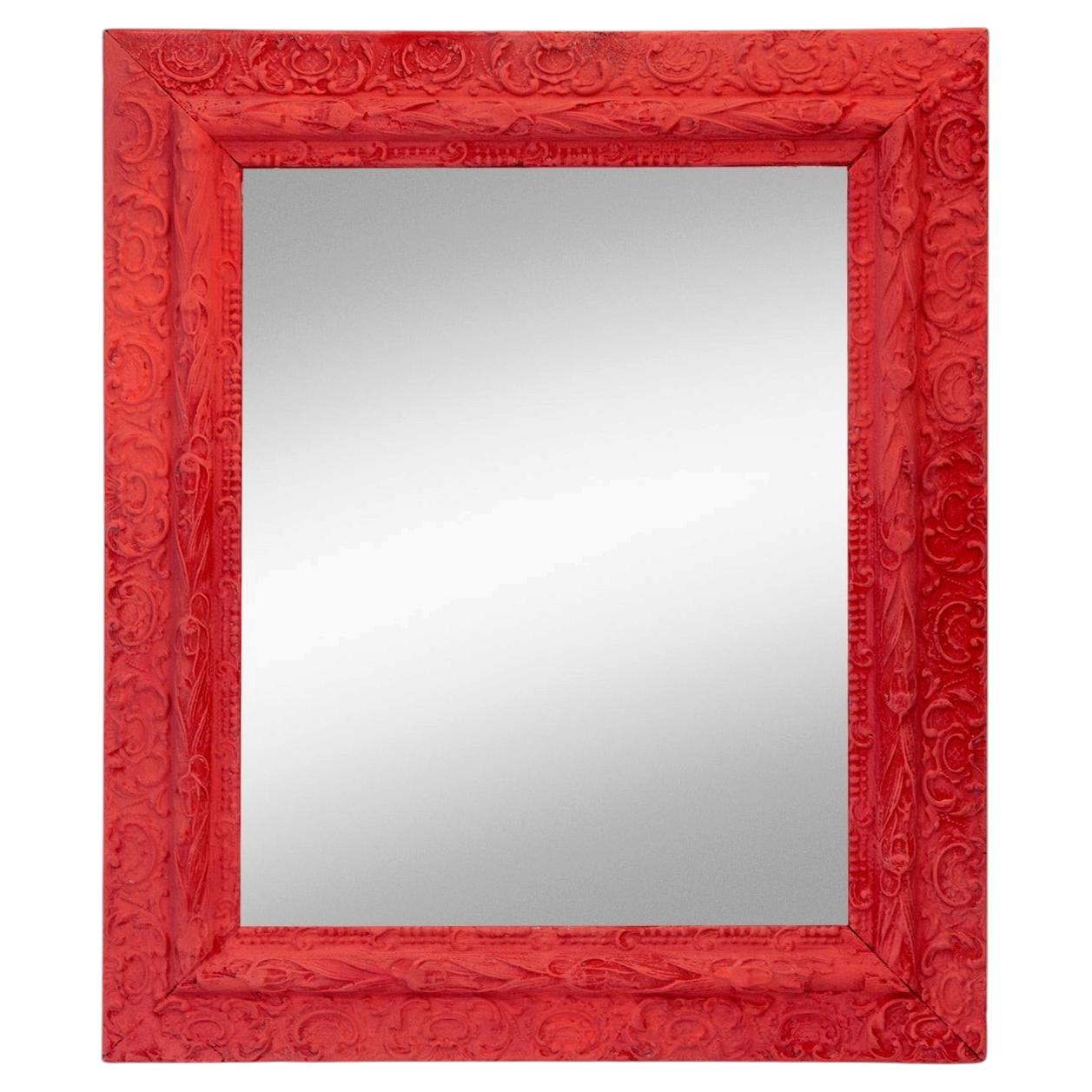 Victorian Gessoed Wood Mirror in Melon/Coral Red
