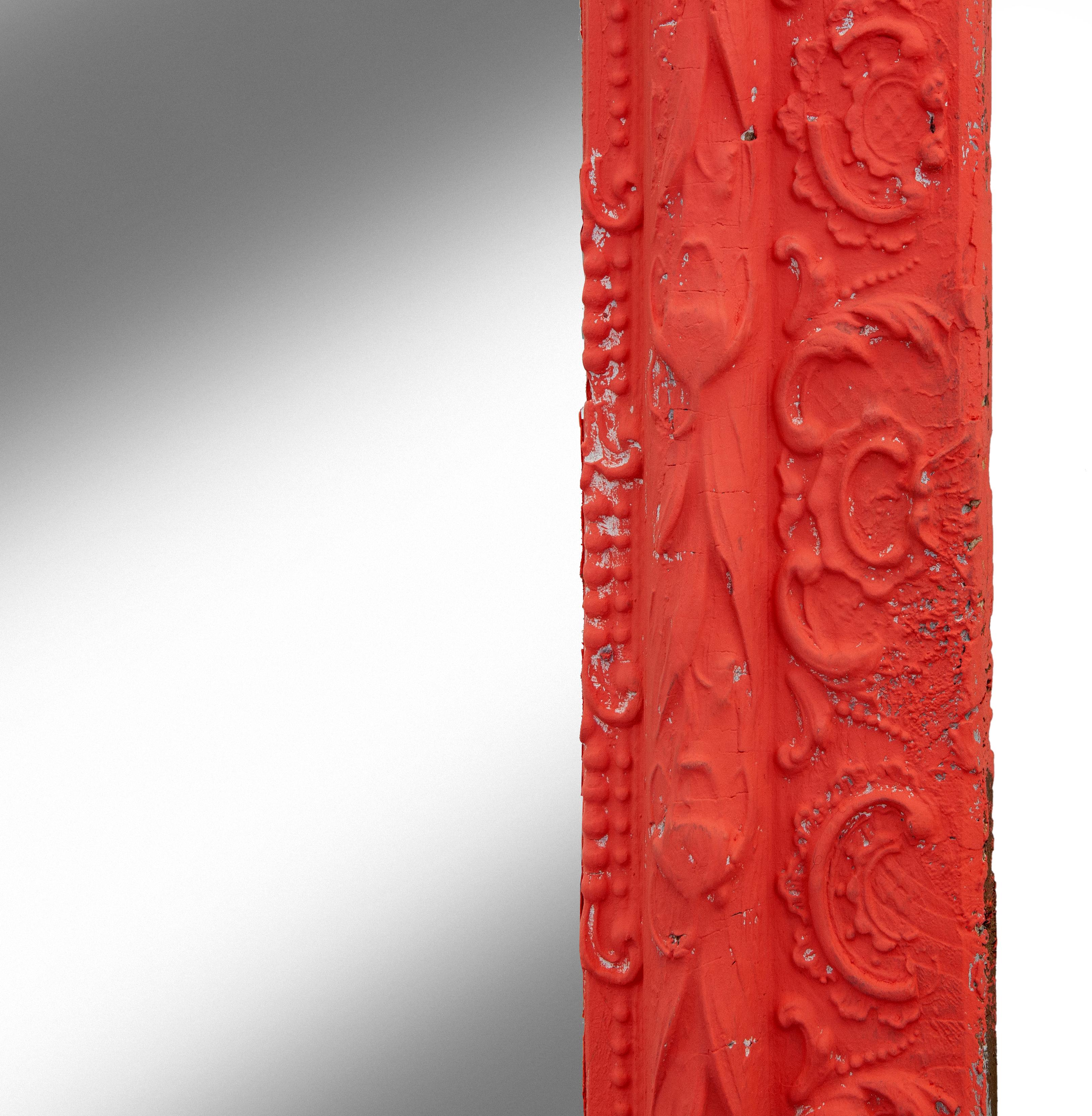 Fatto a mano Victorian Gessoed Wood Mirror in Melon Red in vendita