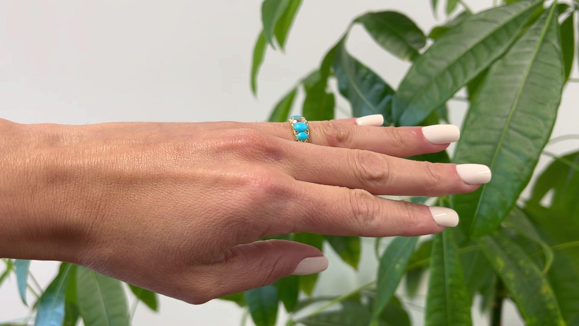 Victorian GIA 0.92 Carat Diamond and Turquoise 18k Yellow Gold Five Stone Ring In Good Condition In Beverly Hills, CA