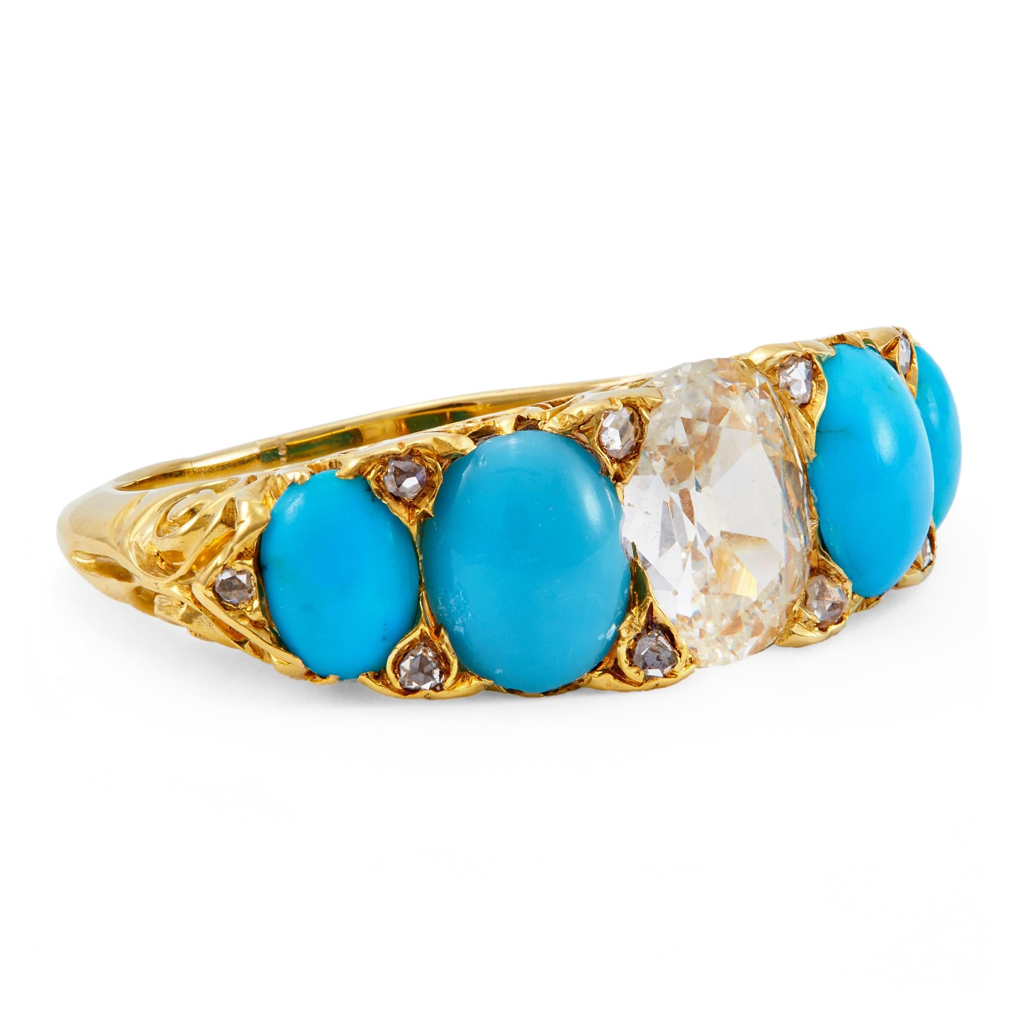 Women's or Men's Victorian GIA 0.92 Carat Diamond and Turquoise 18k Yellow Gold Five Stone Ring
