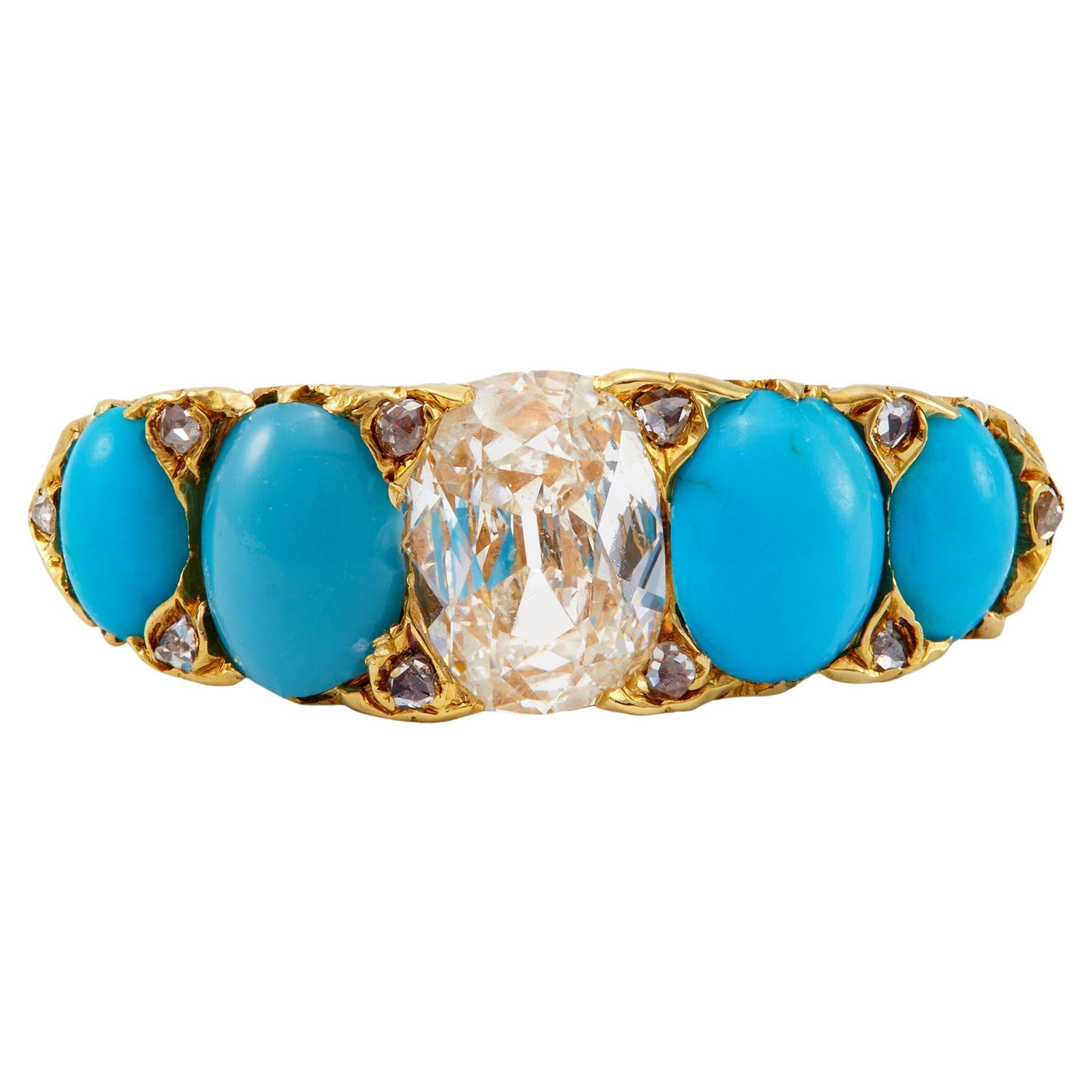 Victorian GIA 0.92 Carat Diamond and Turquoise 18k Yellow Gold Five Stone Ring For Sale